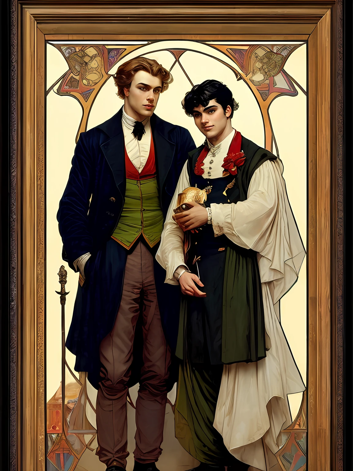 (The translucent ghost of a young jester-clown white man in jester in a brightly colored suit) embraces (the living young white male with black hair, dressed in black suit). Two gays. There is old black manor behind them. Dark aesthetic, gay, style of Greg Rutkowski, highly detailed symmetrical painting by gaston bussiere, craig mullins, j. c. leyendecker, alphonse mucha. cinematic epic + rule of thirds. cinematic composition. concept art. ultra wide angle. 35mm. 8 k, masterpiece, best quality, highres, see-through