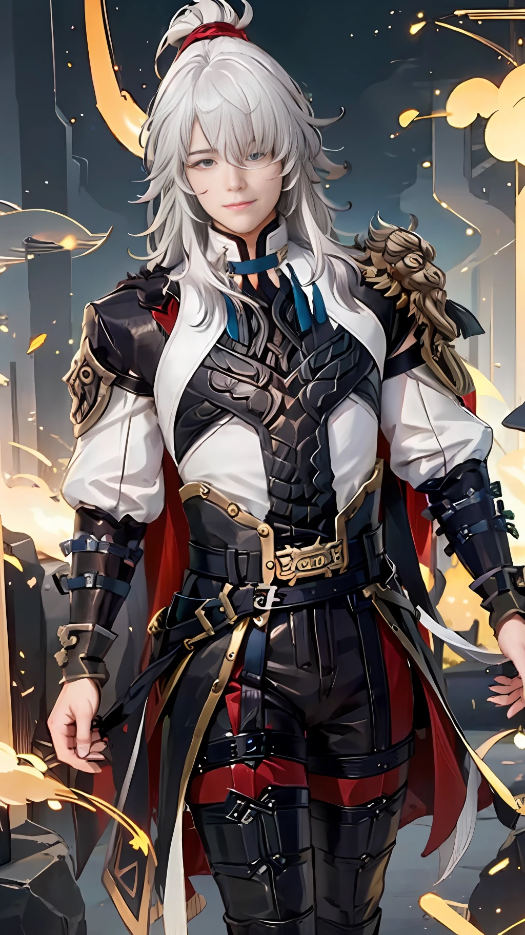 jing yuan(hsr), full body, hair over one eye, 1boy, long hair, white hair, closed mouth, solo, upper body, looking at viewer, smile, male focus,  yellow eyes , muscular male,