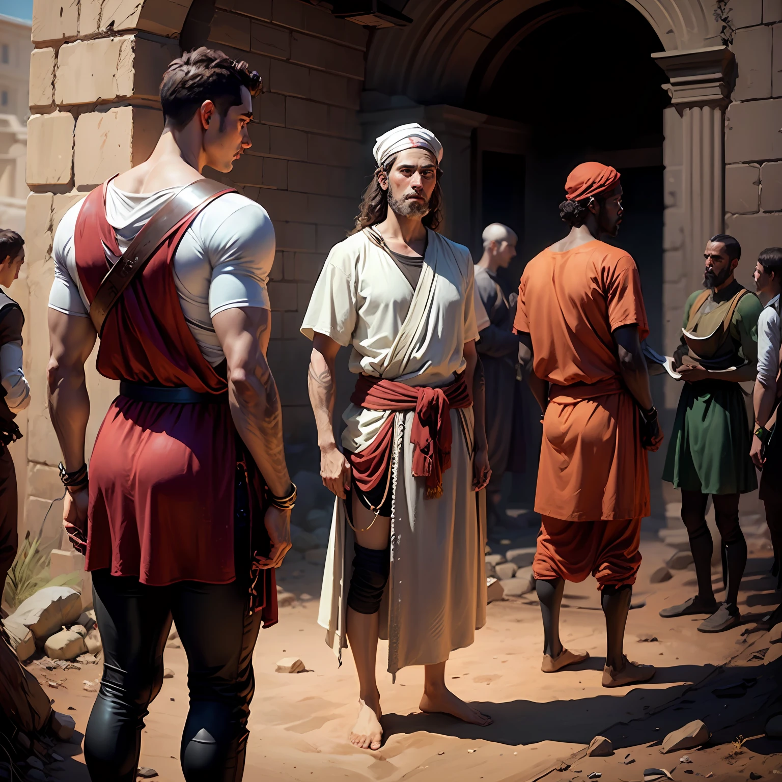 are fifteen young men standing together in the dirt, joseph and joseph, biblical art, biblical photo, epic biblical representation, reassuring, by Richard Avedon, biblical illustration, biblical image, amazing detail, spiritual scene, ancient biblical, realistic representation, biblical art style, by Jason Felix, powerful scene, masterpiece artwork --auto