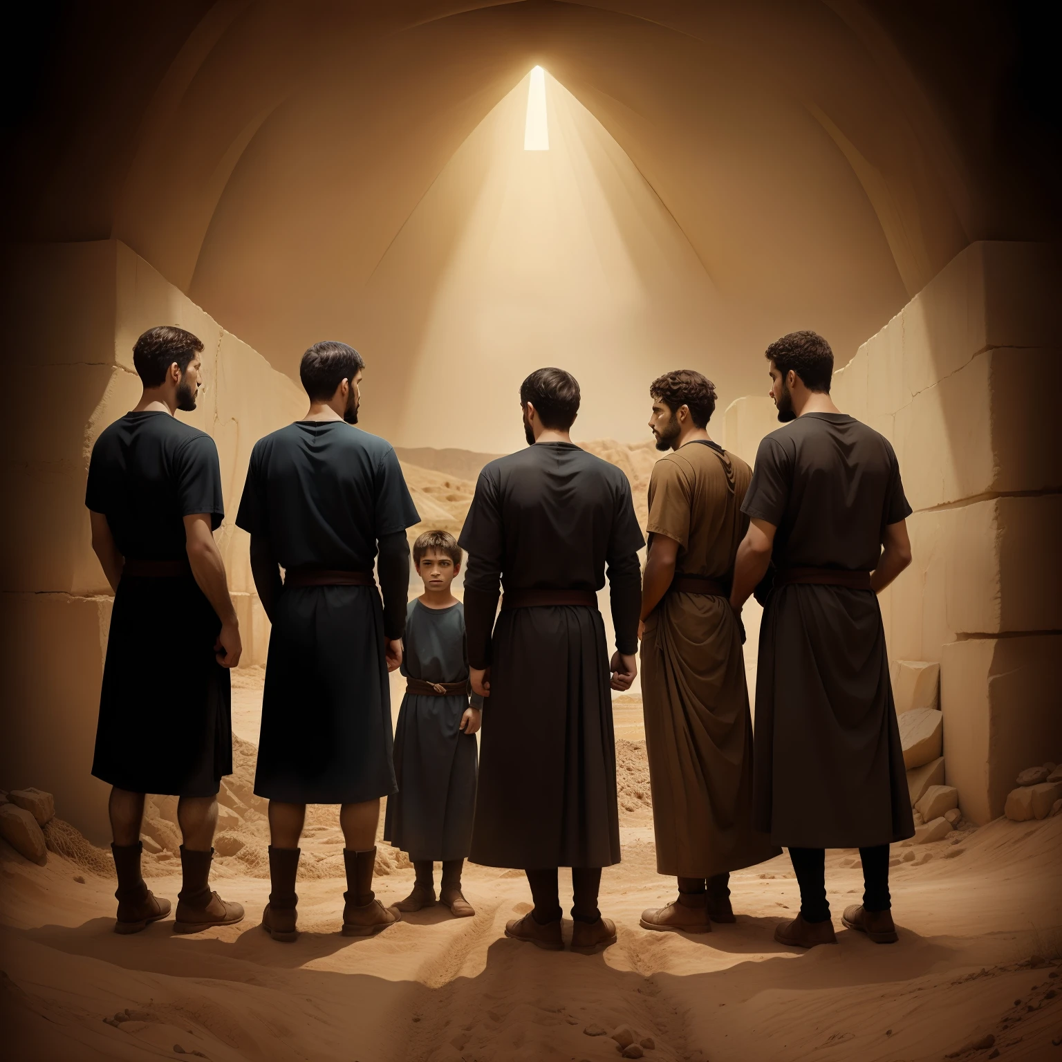 are fifteen young men standing together in the dirt, joseph and joseph, biblical art, biblical photo, epic biblical representation, reassuring, by Richard Avedon, biblical illustration, biblical image, amazing detail, spiritual scene, ancient biblical, realistic representation, biblical art style, by Jason Felix, powerful scene, masterpiece artwork