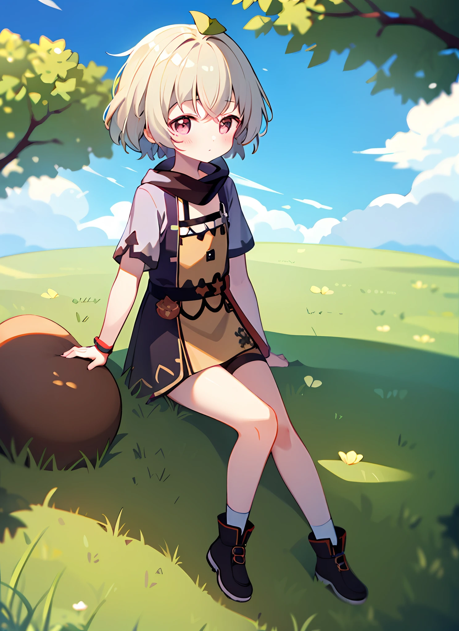 FULL BODY, blushed, out door, During the Day, simple Backgrounds, a blue sky, bobed hair, SKY, looking at the viewers, sitting on grass,loli,The expression is cute,duck sitting,Small short legs,