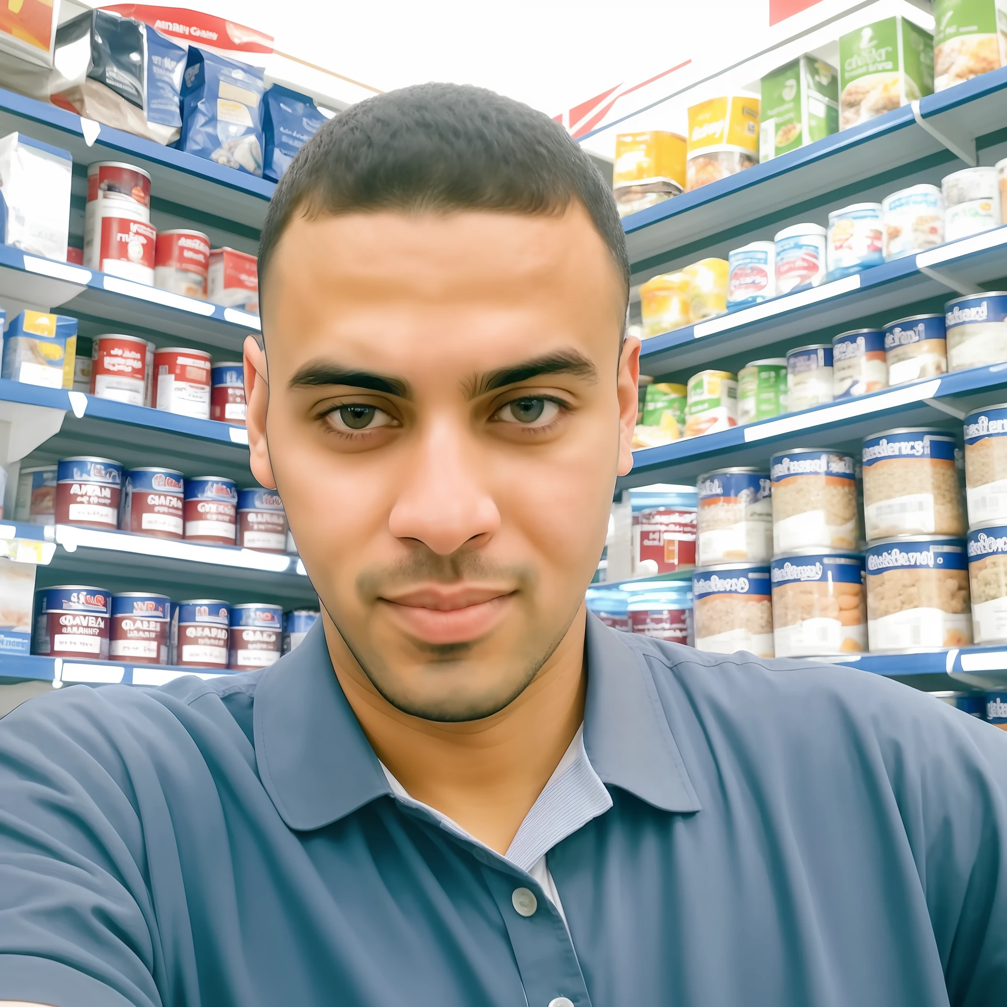 arafed man in a store with a lot of food on shelves, stood in a supermarket, around 1 9 , mohamed chahin, ismail, photo for a store, amr elshamy, ahmad merheb, light skin, very very low quality picture, taken in the early 2020s, full head and shoulders, avatar image, help me