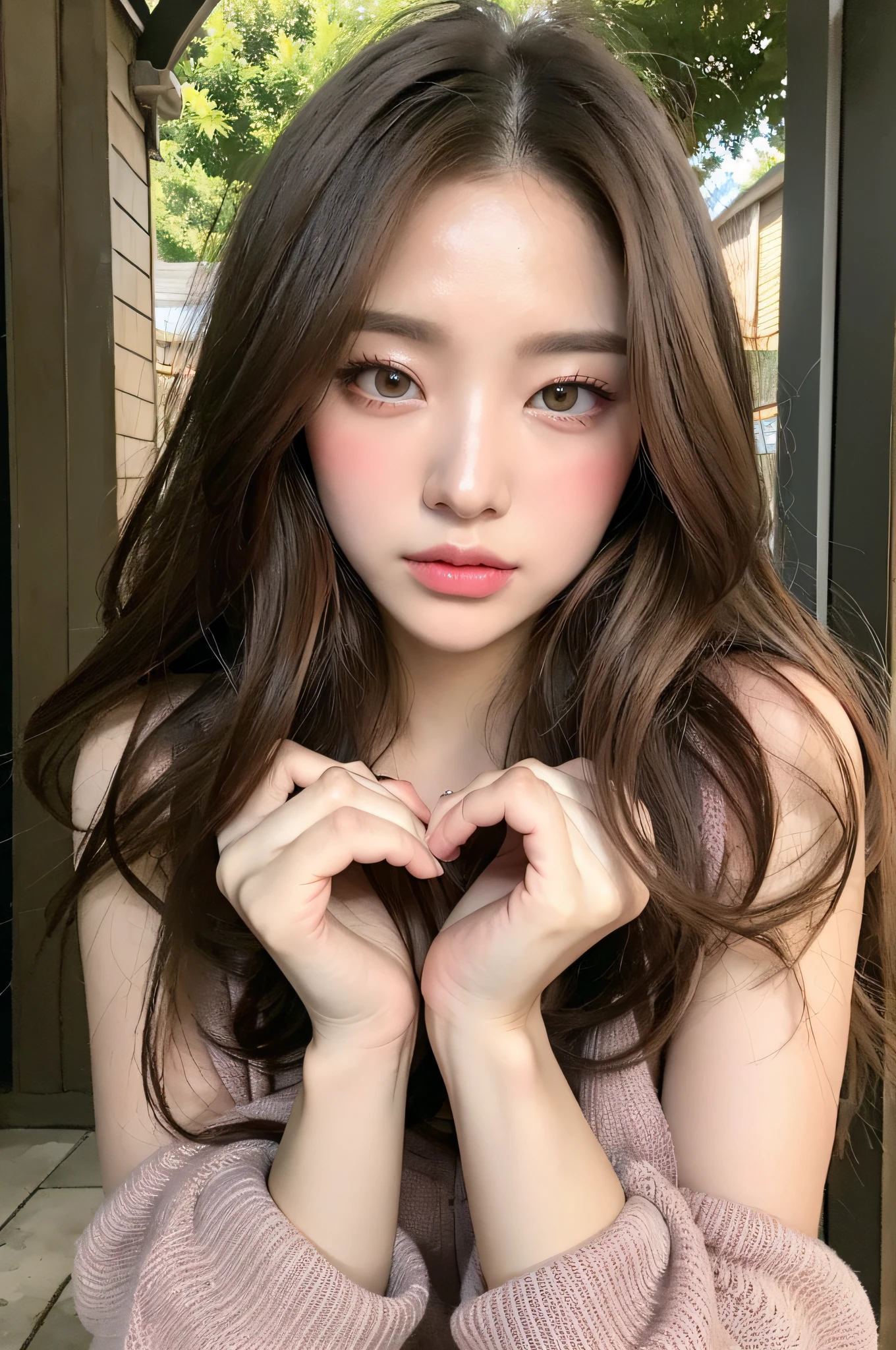 (masterpiece), (portrait), (aesthetic), (beautiful), (upper blody), (high quality), (aesthetic clothings), (professional angle), (rule of thirds), (Feminine), (woman), (female), (beautiful),(feminine features), (21 years), solo, 1 woman, (attractive Korean), Autumn, (-), (Evening), (Warm Lighting light), ((Blushing during a Confession in a Beautiful Garden)), ((Hand on Heart Hands)), ((Looking fixedly at camera)), (((Flushed))), ((blushed)), (Natural Make-up), (Any Bust), (-), ((Long Hair)), (Brown Hair), (Straight Hair), (Loose hair), (- in Hair), ((Wide Open Eyes)), (Brown Eyes), (Romantic Look), Fair skin, (- Clothing), (inFormal), (-), (), (Round Neck Neckline), ((Garden background)), (Full Shot Shot), beautiful hands, two hands, normal hands, two arms, complete hands, beautiful body, beautiful fingers, normal fingers, five fingers, five fingers, beautiful ears, normal ears, beautiful eyes, shiny eyes, beautiful mouth, beautiful lips,