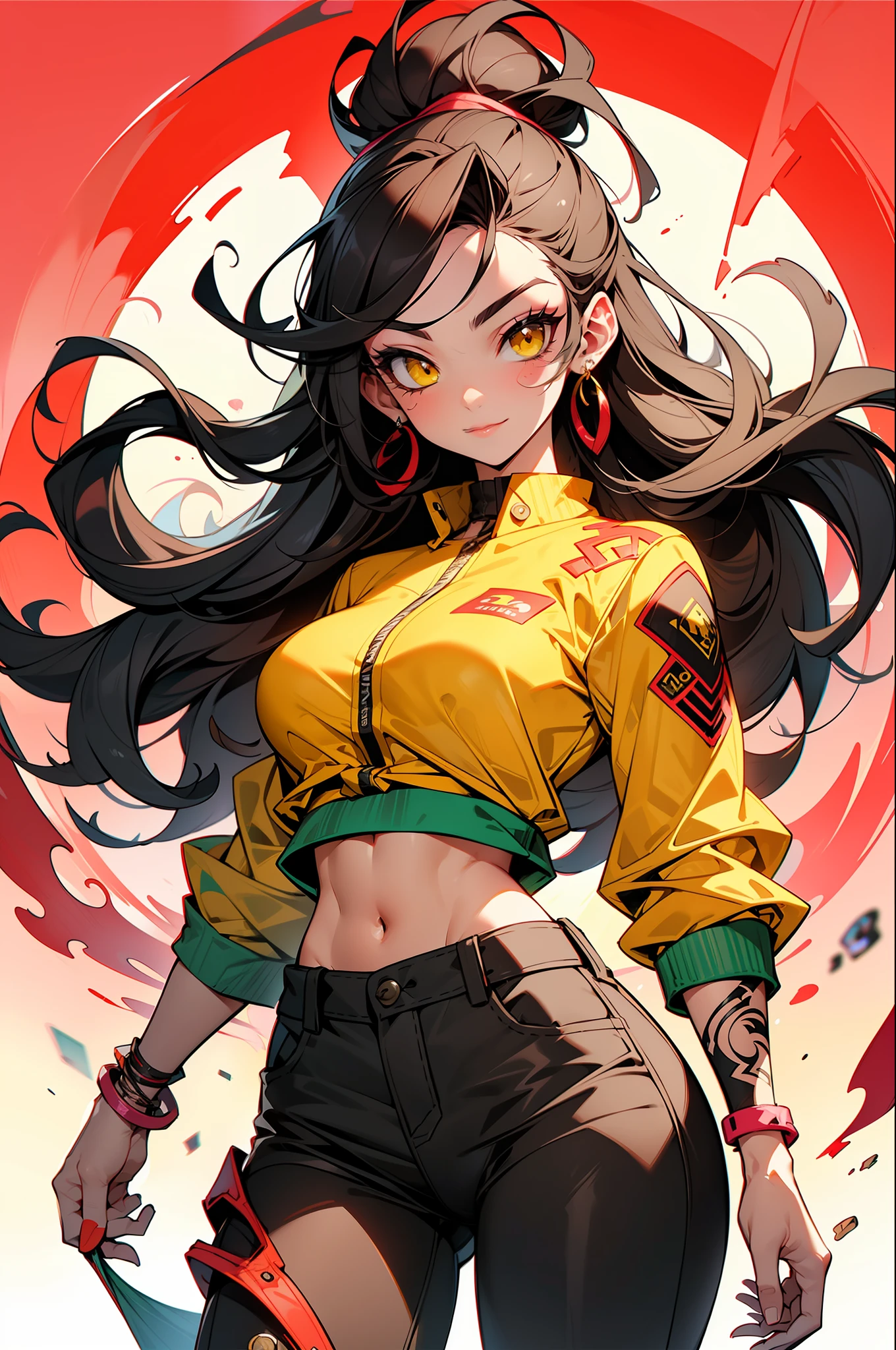 background, mixed-language_text, Japanese letters in graffit, ashley alexiss beautiful woman, long black hair, excellent lighting, sidelighting, perfect ultimate (flat color pink bubblegum gradient: 1.3), (magazine_cover: 1.4), (multicolored_background: 1.3), striped_background, card_background, :: discs with sharp and shiny blades in hand :: circular pieces of white metals glued to the ultra detailed arms coming out sparkling glow, black star design stamped in the middle of the t-shirt, perfect and detailed sculptural body, ultra detailed shirt with abstract design and with Japanese letter print in grafit of the sides of the clothing, worn jeans, big breast, with immersive effects, hover effect, background graffiti style flowers with flowers and vibrant colors, "ultra" hdr detailed and with focus effect, (masterpiece: 1.2, best quality), (beautiful emerald yellow eyes with huge finely detailed eyelashes: 1.2), , ((Solo)), (Finely detailed eyes and detailed face:1.3),beautiful ultra-detailed eyes, lineart light smile, graffiti and tattoo style backdrop, woman, alone. midriff, skintight bodysuit with detailed tattoo-style print, ultra-detailed red gradient leather jacket, hot thighs, black skintight pants with ultra-detailed white and pink detailing, large breasts, ultra-detailed bracelets on arms, , bracelet on right arm with ultra bright red energy, https://produto.mercadolivre.com.br/MLB-3749803102-camiseta-anime-desenho-geek-manga-ilustraco-nerd-unissex-_JM