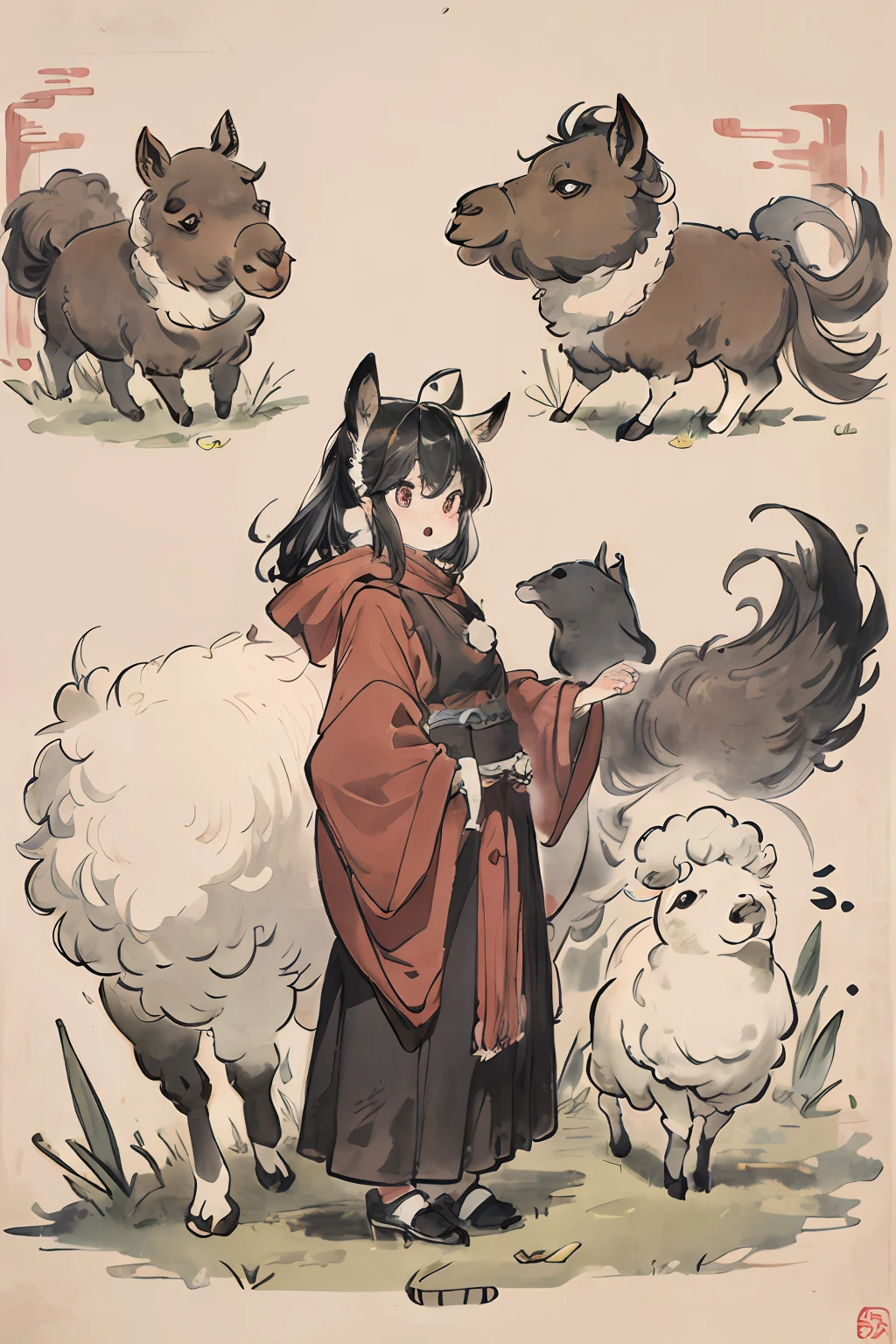 Funny character standing original art design standing posture,Animal characters,2头身比例,Big head,45-degree sideways view,alpaca,Big eyes, (Very exaggerated expression),A surprised expression with a wide mouth,