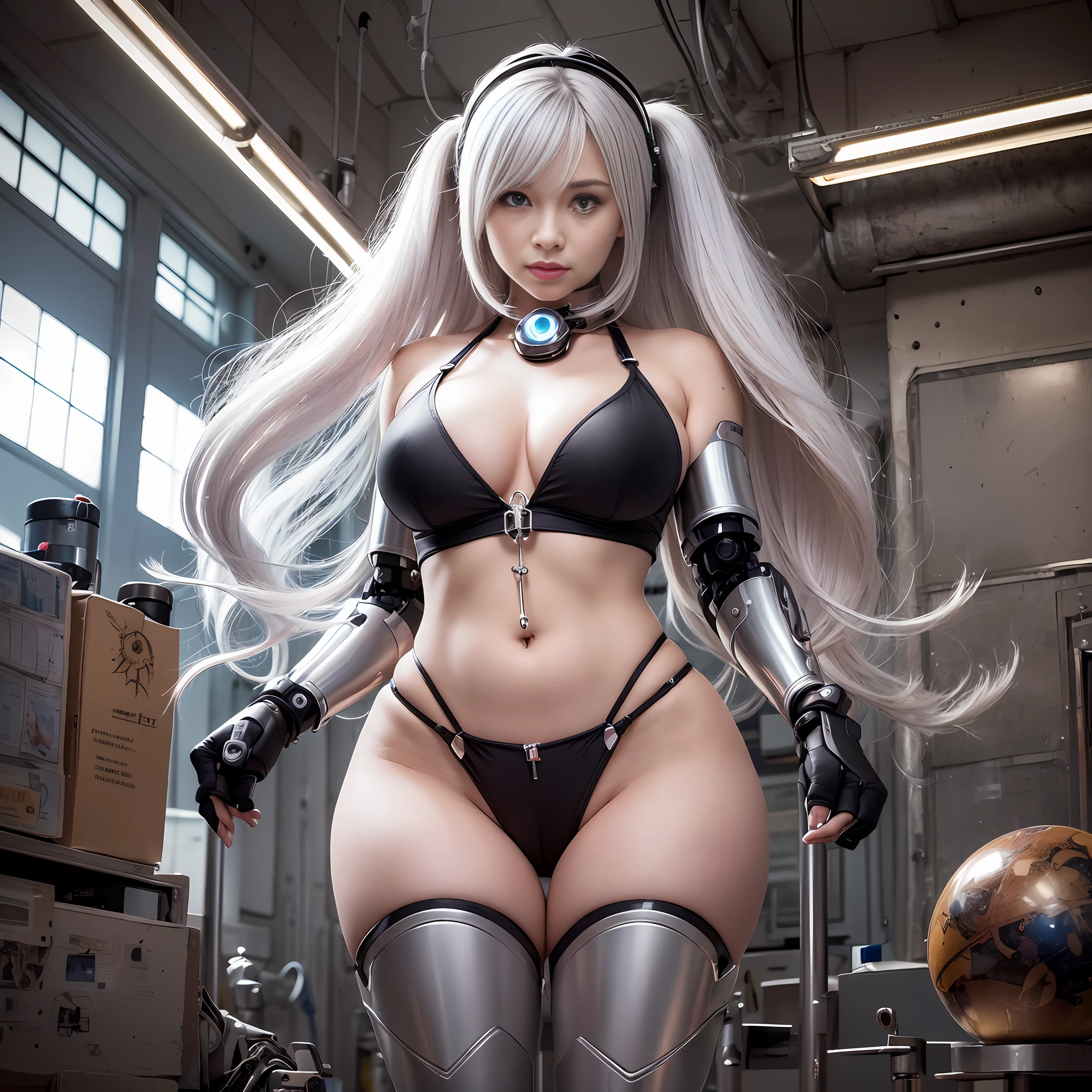 Beautiful Face,face is Japan, 1 Woman, Big, Curvaceous, (16k, RAW photo, top quality, masterpiece: 1.2), (HDR, Realistic, Photorealistic: 1.37) (tube attached to the body), (Bikini Cyborg robot parts)))), (light gray hair), Long hair, Wavy hair, Twin tails, Medium shot, ( Seductive smile)), (black eyes), double eyelids, princess cut, from below, (whole body),posing,,in the lab,( tube connected to blood vessel),((mechanical vertebrae attached to the back)),((mechanical neck attached to the neck)),(wire and cable attached to head and body),(character focus),science fiction,perfect female figure,perfect anatomy, hyperanatomy, full body shot, relationship between up to 4 fingers and 1 thumb, spherical joint,