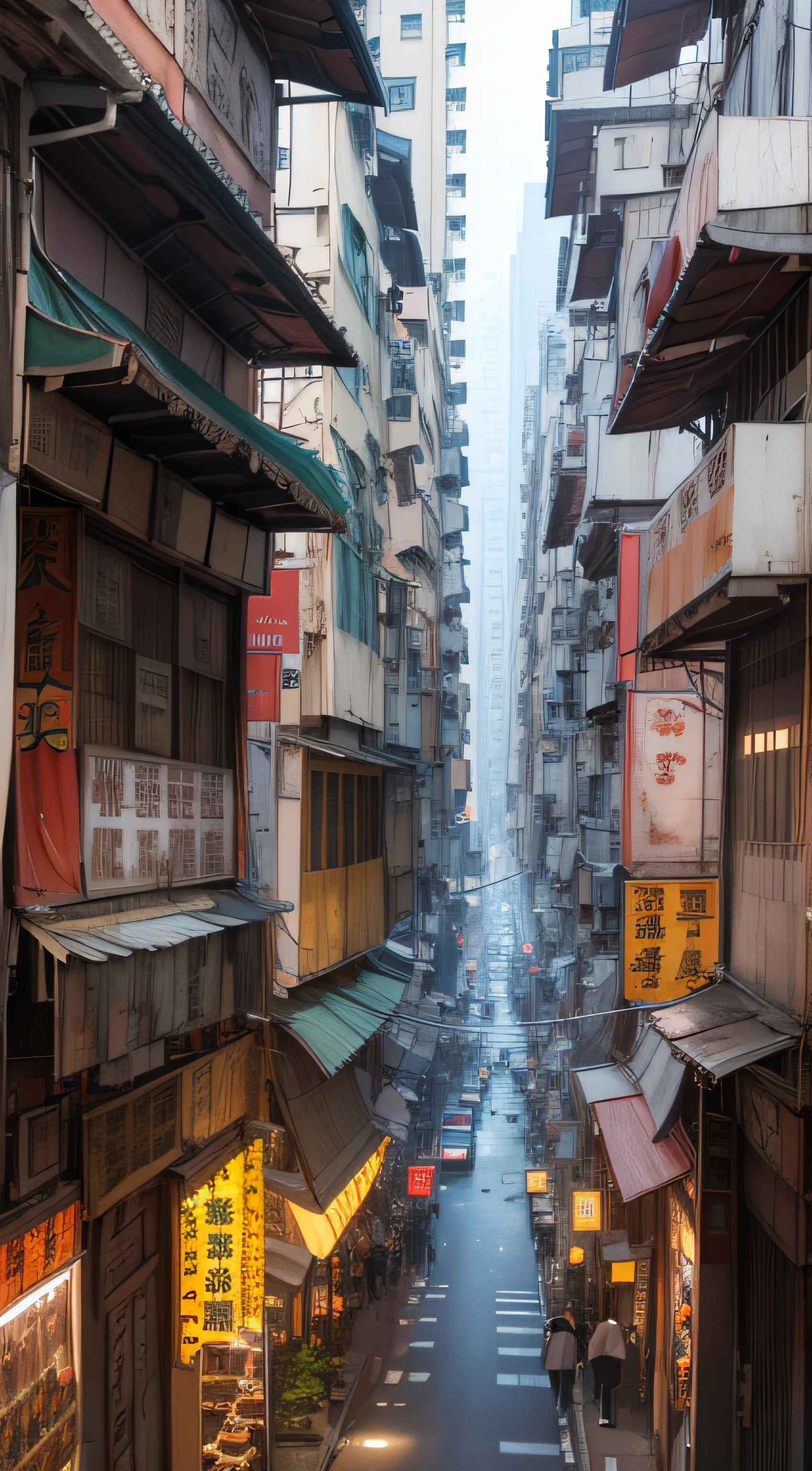 Narrow streets, streets of Hong Kong, cities in tropical and dystopian, stills of Kowloon, streets of Mumbai, Kowloon, Hong Kong architecture, cities like Hong Kong, dense architecture, artwork of Hong Kong streets, super detailed, super realistic, looking up