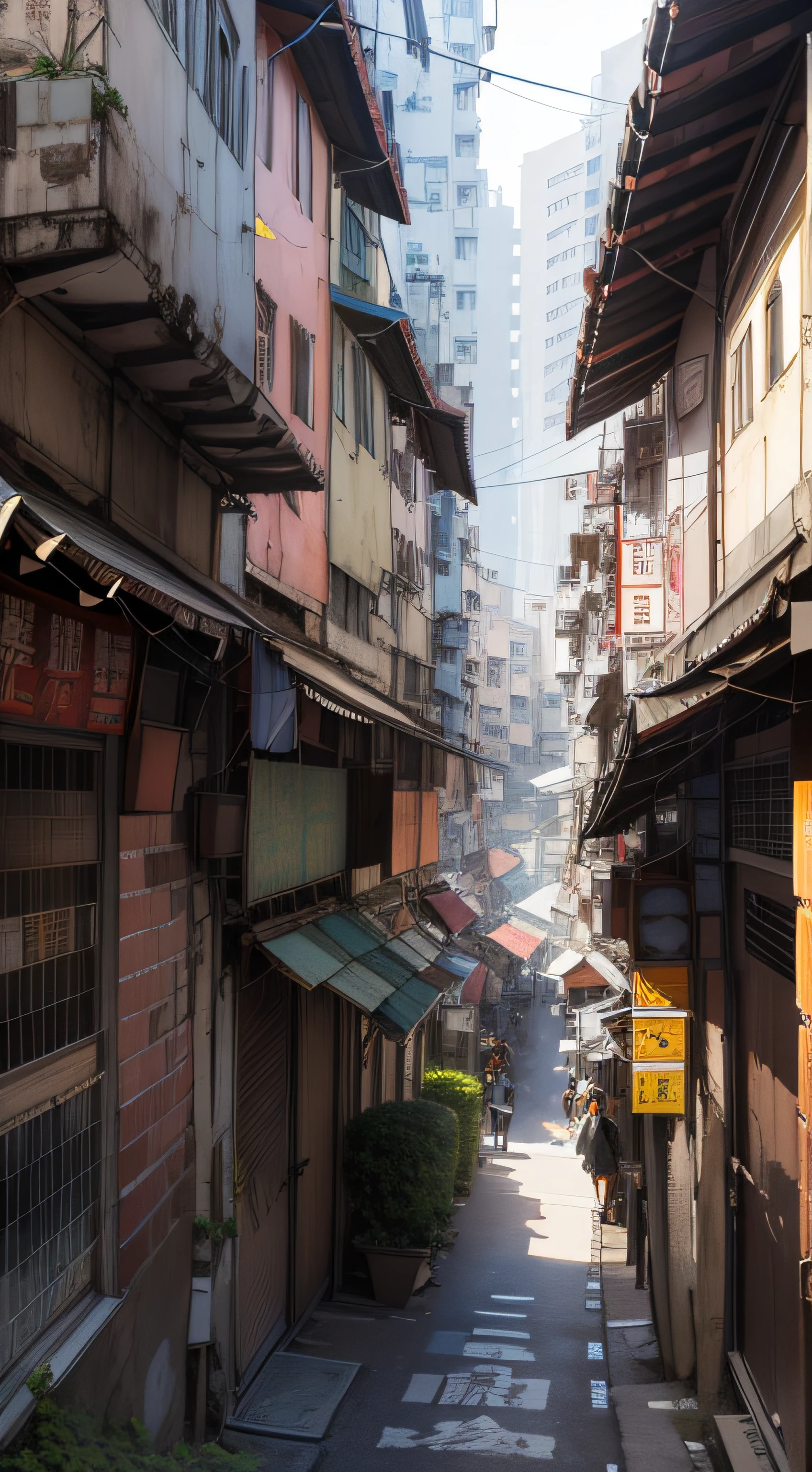 Narrow streets, streets of Hong Kong, cities in tropical and dystopian, stills of Kowloon, streets of Mumbai, Kowloon, Hong Kong architecture, cities like Hong Kong, dense architecture, artwork of Hong Kong streets, super detailed, super realistic, looking up