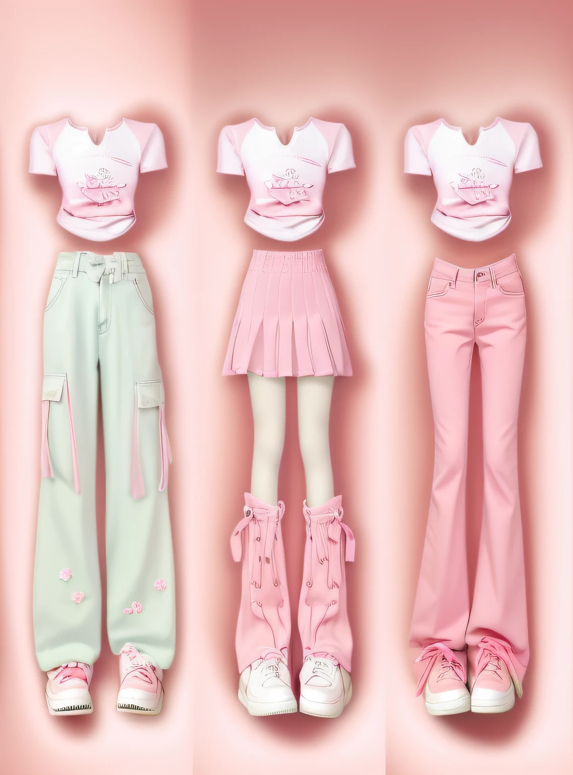 three different views of a woman in pink pants and a white top, pink clothes, ((pink)), y 2 k aesthetic, y2k aesthetic, y 2 k fashion, y2k style, y 2 k style, 🎀 🧟 🍓 🧚, some pink, realistic clothing, (pink colors), very aesthetic!!!!!!, pink pastel