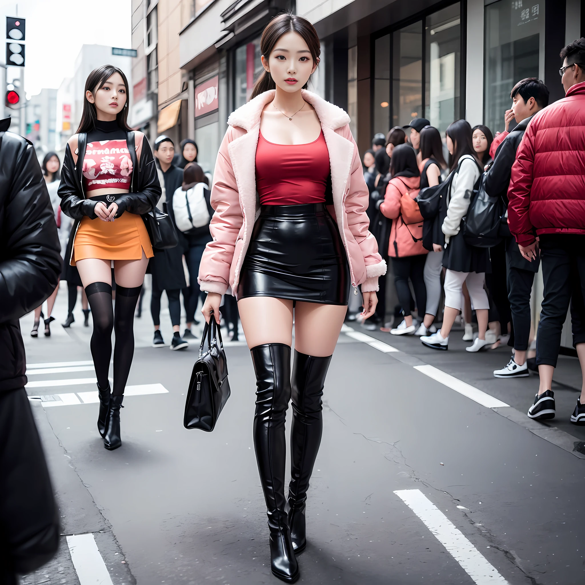A woman in a white top and black boots standing on the street, Chinese female fashion model, white fluffy clothes, short skirt and long jacket, Japanese city street fashion, black pink Rosan Park, she wears streetwear, Japanese street fashion, Tokyo fashion, street dress woman in jacket and skirt, street fashion, Harajuku street fashion, beautiful woman walking in the wind, black gloves, over-the-knee red boots, tall, long legs, perfect body proportions, thin waist, black suspender stockings, tall, Slender body, nine-headed body, big eyes, beautiful and exquisite face, perfect body details, perfect body proportions, perfect visual proportions, fashion shooting, glamorous, feminine, delicate, highlighting female curves, subtext: sexy, confident. Chinese woman --auto --s2