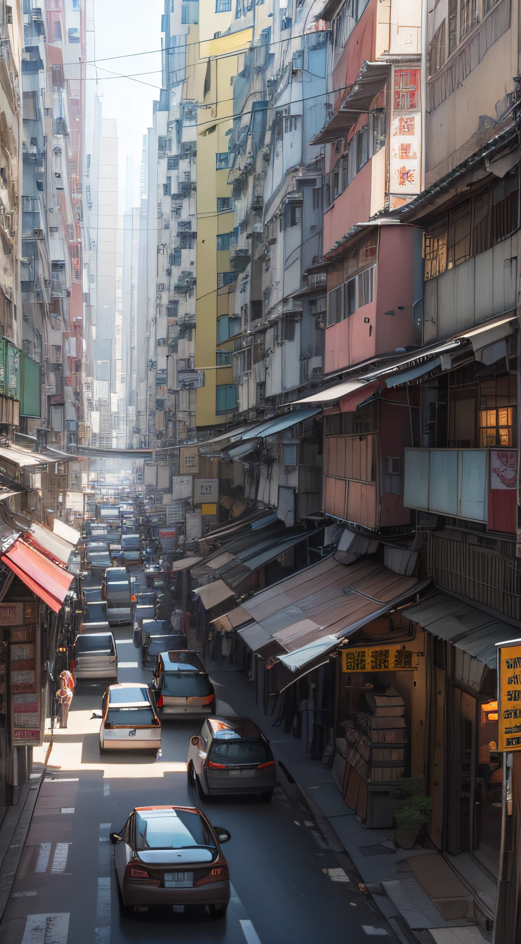 Narrow streets, streets of Hong Kong, cities in tropical and dystopian, stills of Kowloon, streets of Mumbai, Kowloon, Hong Kong architecture, cities like Hong Kong, dense architecture, artwork of Hong Kong streets, super detailed, super realistic, looking up