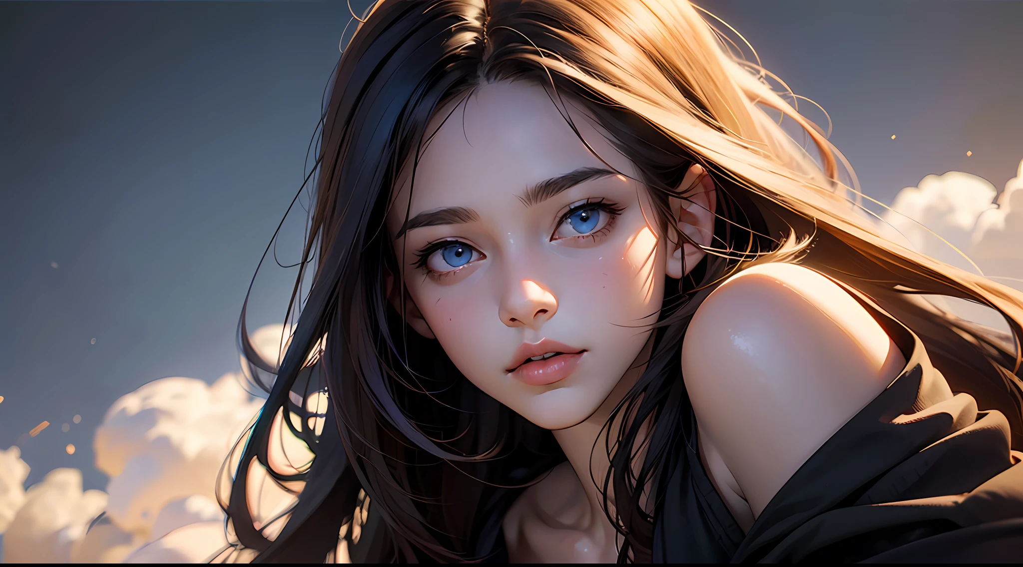 1 young woman, age 18 years, with long dark brown hair and blue eyes, soft anime cg art, 3d realistic anime, realistic painting, realistic 3d anime style, photorealistic anime style, realistic digital art 4k, photorealistic art art style, solo, landscape, dark background, 16:9 --auto