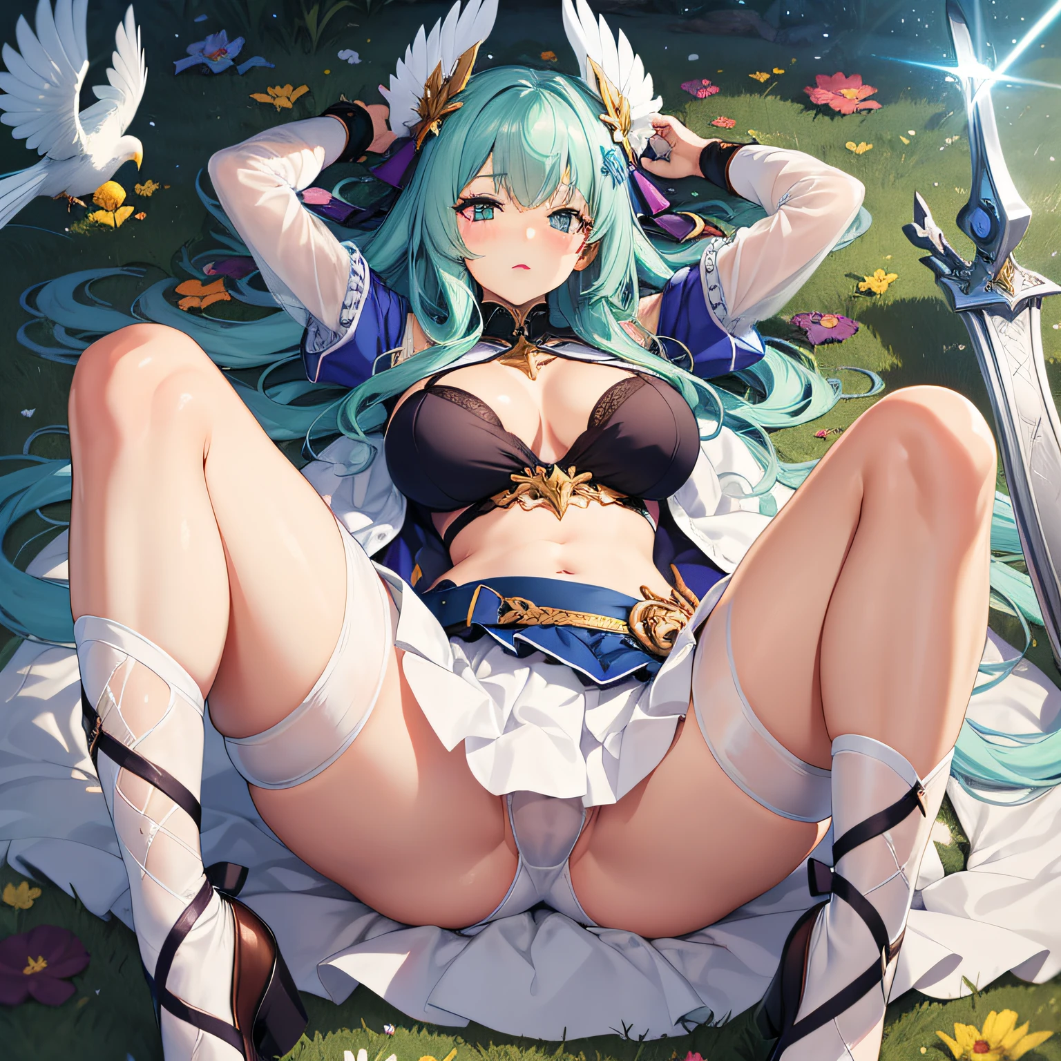 Anime style. Girl. A world of swords and sorcery. Angel. White underwear. Feathered. Miniskirt. Big tits. Mansomi. Enraptured. Lying down and opening his crotch.