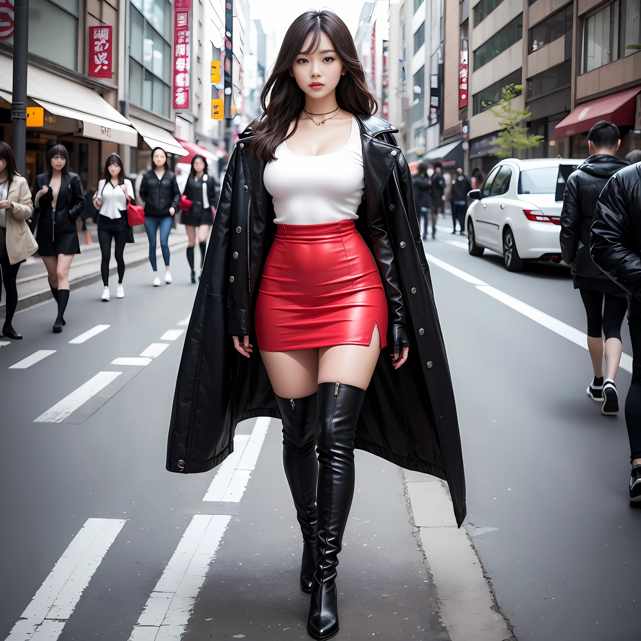 A woman in a white top and black boots standing on the street, Chinese female fashion model, white fluffy clothes, short skirt and long jacket, Japanese city street fashion, black pink Rosan Park, she wears streetwear, Japanese street fashion, Tokyo fashion, street dress woman in jacket and skirt, street fashion, Harajuku street fashion, beautiful woman walking in the wind, black gloves, over-the-knee red boots, tall, long legs, perfect body proportions, thin waist, black suspender stockings, tall, Slender body, nine-headed body, big eyes, beautiful and exquisite face, perfect body details, perfect body proportions, perfect visual proportions, fashion shooting, glamorous, feminine, delicate, highlighting female curves, subtext: sexy, confident. Chinese woman --auto --s2