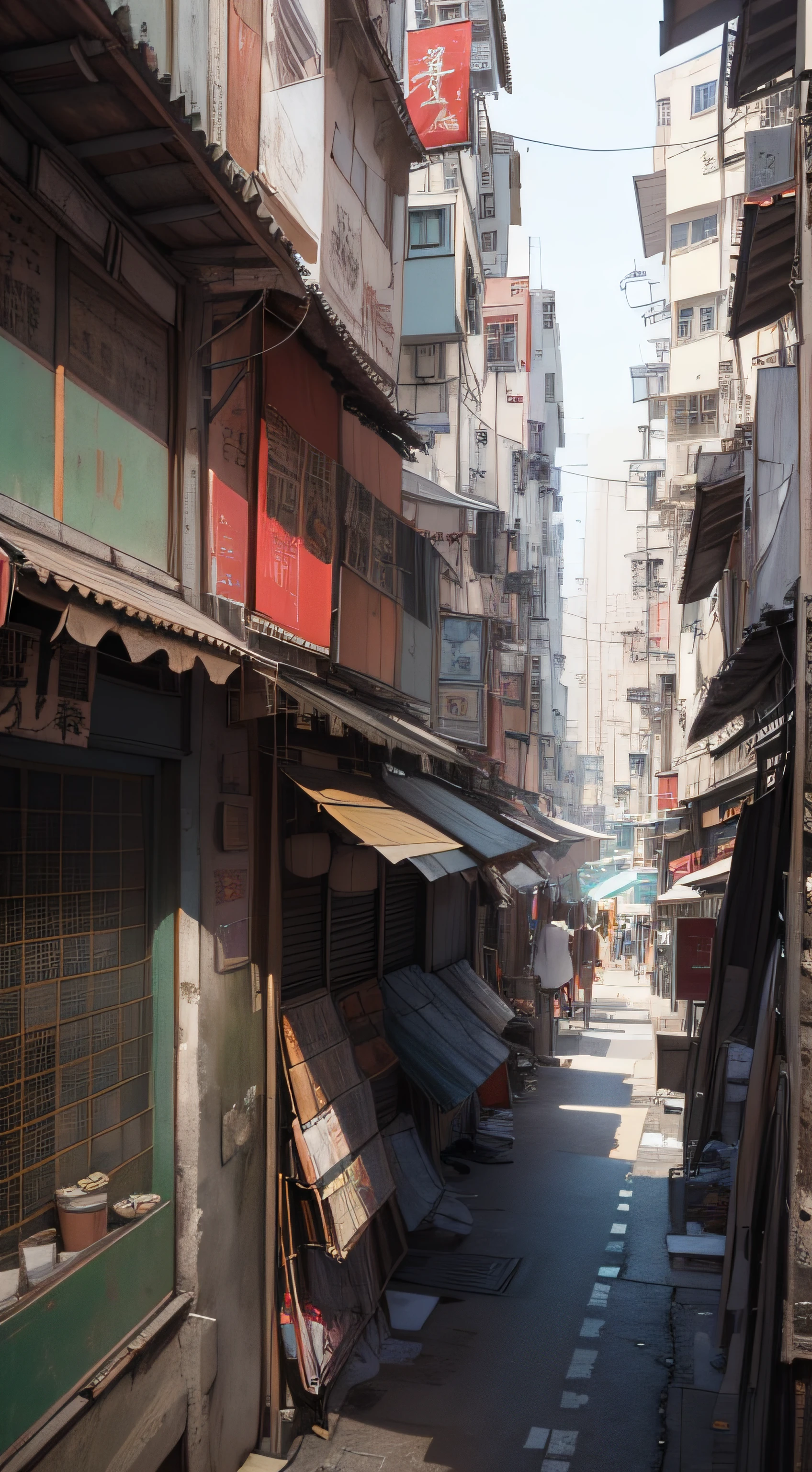Narrow streets, streets of Hong Kong, cities in tropical and dystopian, stills of Kowloon, streets of Mumbai, Kowloon, Hong Kong architecture, cities like Hong Kong, dense architecture, artwork of Hong Kong streets, super detailed, super realistic, looking up
