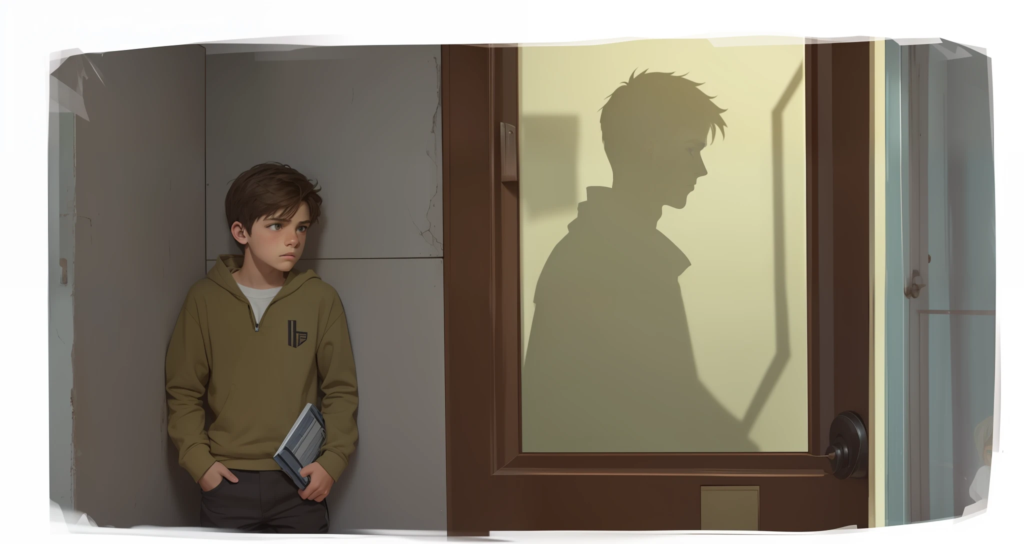 4k, realistic, very detailed, 13-year-old male teenager, dark hair, green eyes. He's next to a door. He's looking scared. It is possible to see the silhouette of a man through the glass of the door