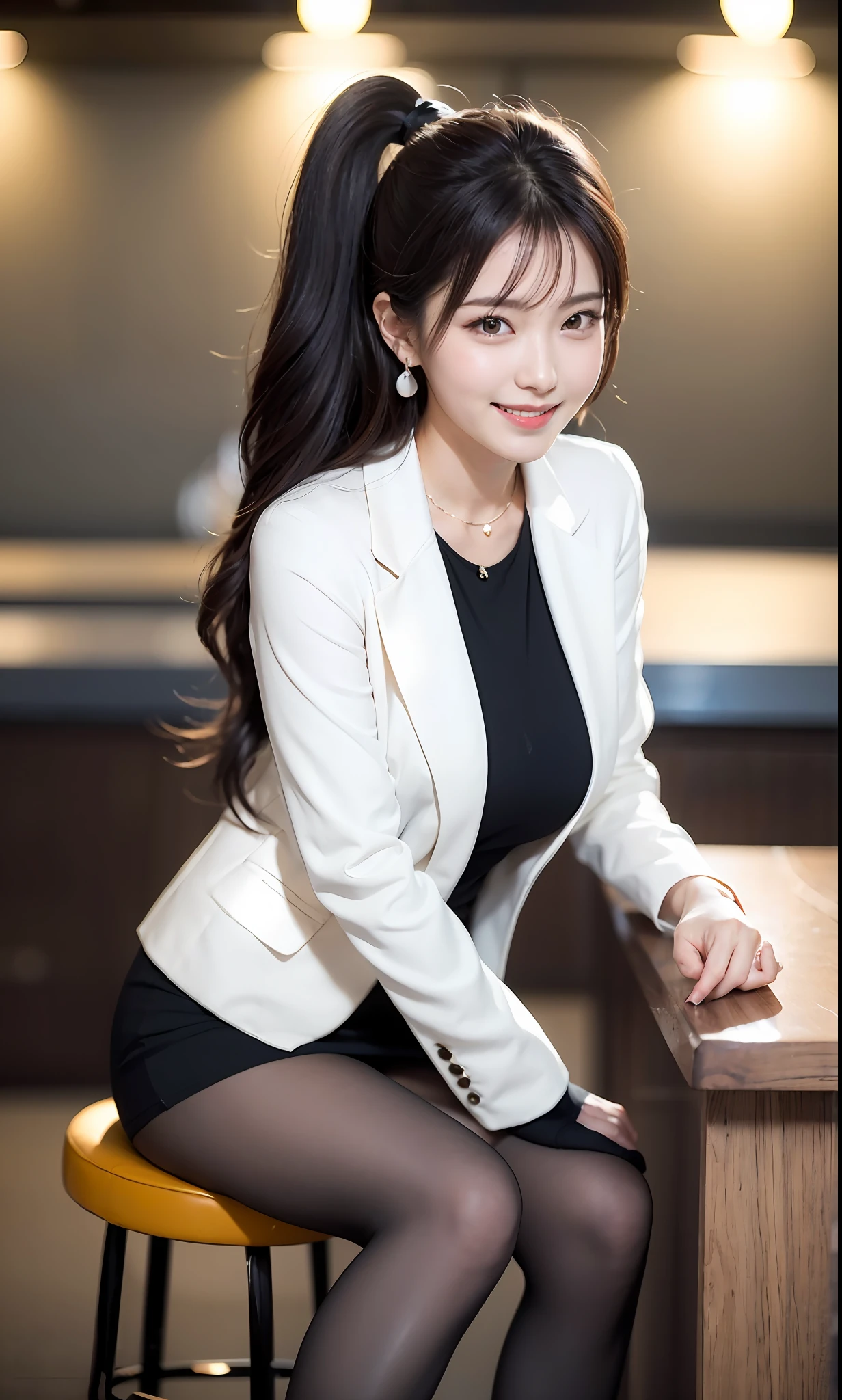 Delicate, Masterpiece, Beautiful Detail, Colorful, Fine Detail, Detail, Detail, Big Breasts, 1 Woman, (20 Year Old Beautiful Korean Woman: 1.1), (KPOP Idol, Korean Mix), (50mm Sigma f/1.4 ZEISS Lens, F1.4, 1/800s, ISO 100, Photo: 1.1), (Ponytail + Black Hair: 1.2) Realistic: 1.4), (Spy: 1.2), (dark blue open jacket, shirt, skirt, tie, black pantyhose, Christian Louboutin \ (brand\): 1.3), earrings, necklace, armlets, (tavern: 1.2), (beautiful legs, tall woman, skinny, slim legs, thigh gap, model: 1.2), lens flare, happy smile from the front: 1.1), Dynamic pose, (make: 1.2), sitting on bar stools, Nogizaka idol, Korean idol, actress, gravure idol, armpit, arms crossed, android