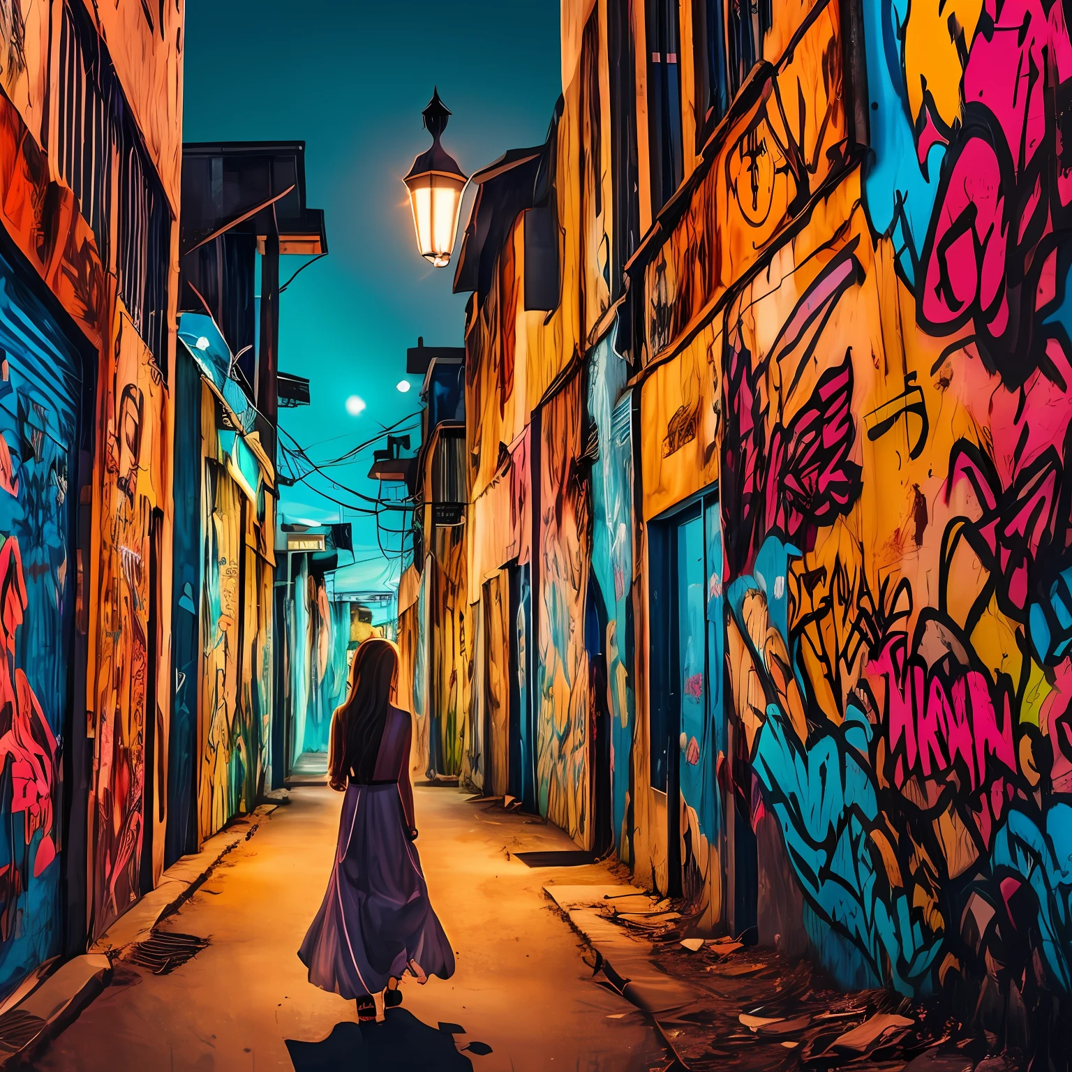 A mysterious girl walking in a narrow and gloomy alley, illuminated only by the dim light of a rusty lamppost, with graffiti walls covered in colorful and vibrant art, creating a contrast between darkness and artistic expression, Illustration, digital art, --ar 9:16 --v 5 --auto