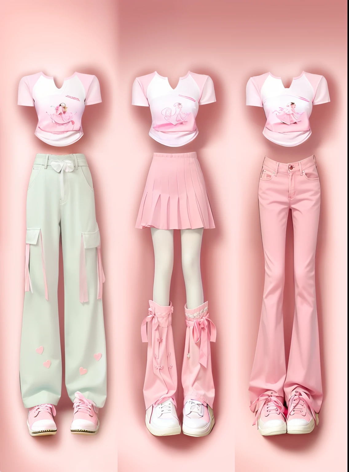 three different views of a woman in pink pants and a white top, pink clothes, ((pink)), y 2 k aesthetic, y2k aesthetic, y 2 k fashion, y2k style, y 2 k style, 🎀 🧟 🍓 🧚, some pink, realistic clothing, (pink colors), very aesthetic!!!!!!, pink pastel