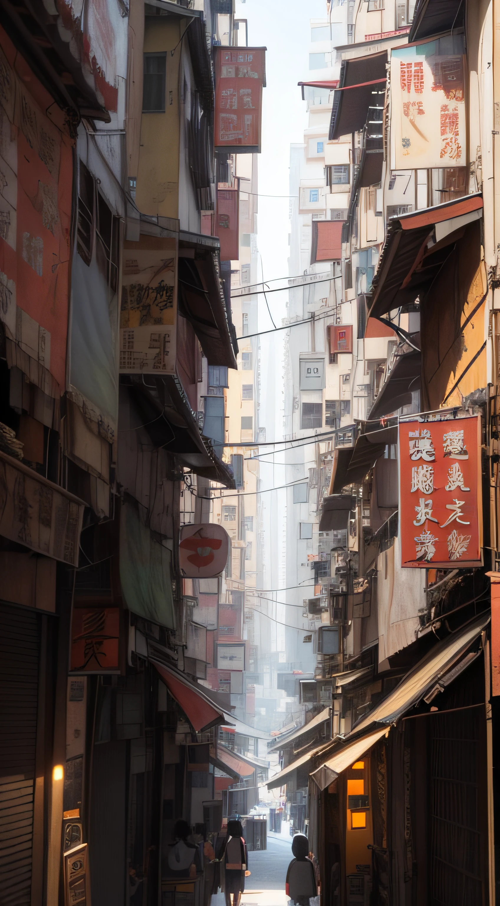 Narrow streets, streets of Hong Kong, cities in tropical and dystopian, stills of Kowloon, streets of Mumbai, Kowloon, Hong Kong architecture, cities like Hong Kong, dense architecture, artwork of Hong Kong streets, super detailed, super realistic, looking up