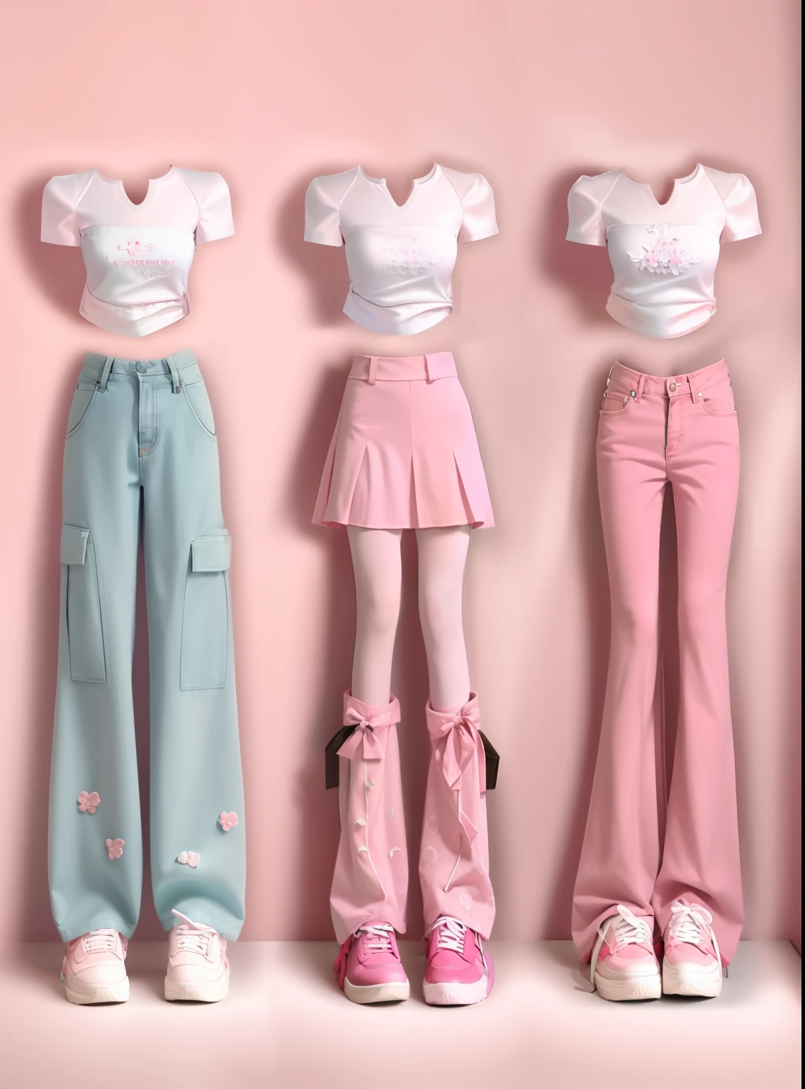 three different views of a woman in pink pants and a white top, pink clothes, ((pink)), y 2 k aesthetic, y2k aesthetic, y 2 k fashion, y2k style, y 2 k style, 🎀 🧟 🍓 🧚, some pink, realistic clothing, (pink colors), very aesthetic!!!!!!, pink pastel