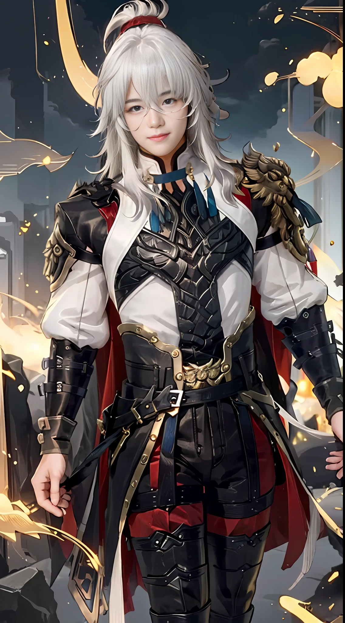 jing yuan(hsr), full body, hair over one eye, 1boy, long hair, white hair, closed mouth, solo, upper body, looking at viewer, smile, male focus,  yellow eyes , muscular male,