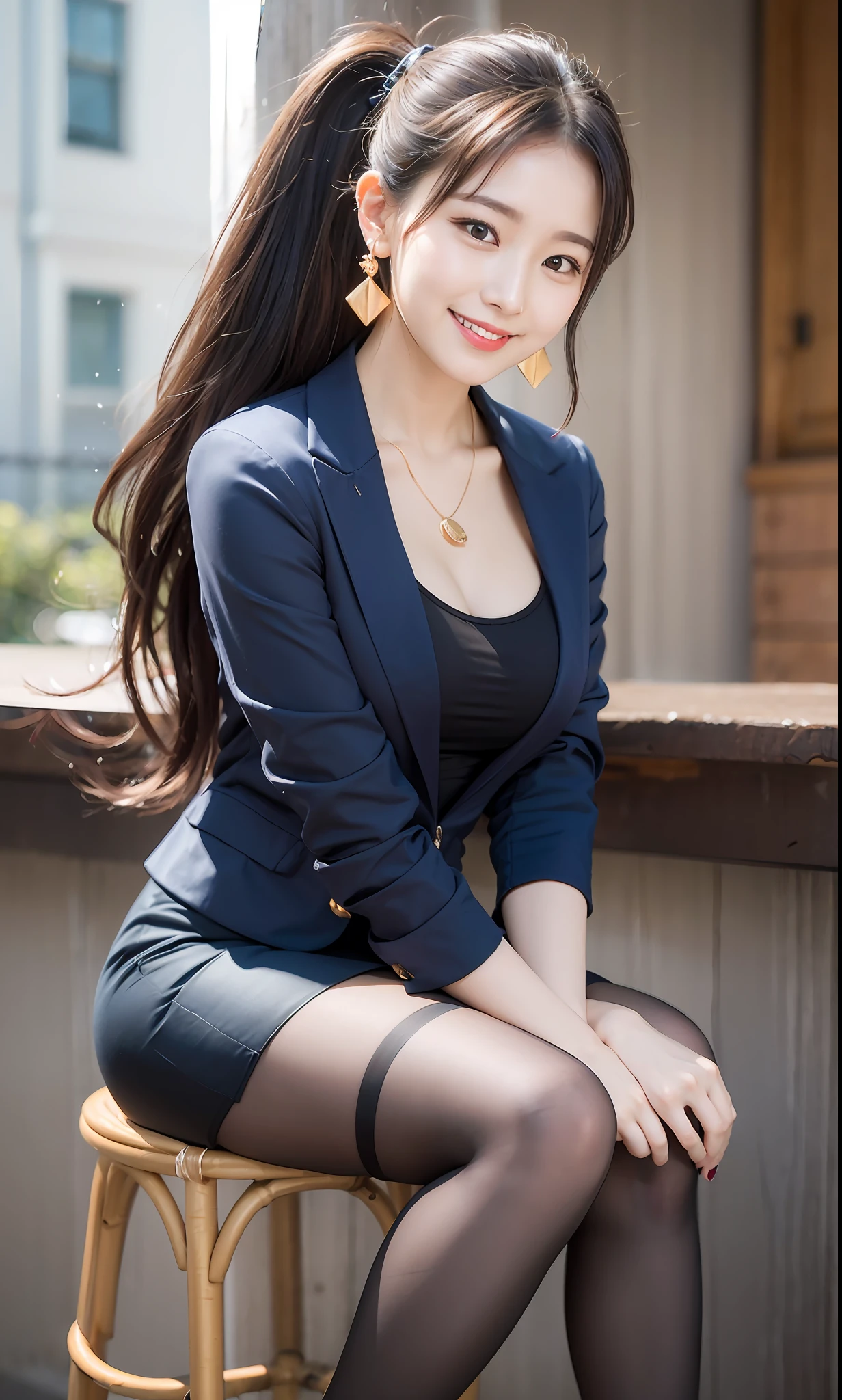 Delicate, Masterpiece, Beautiful Detail, Colorful, Fine Detail, Detail, Detail, Big Breasts, 1 Woman, (20 Year Old Beautiful Korean Woman: 1.1), (KPOP Idol, Korean Mix), (50mm Sigma f/1.4 ZEISS Lens, F1.4, 1/800s, ISO 100, Photo: 1.1), (Ponytail + Black Hair: 1.2) Realistic: 1.4), (Spy: 1.2), (Dark Blue Open Jacket, Shirt, Skirt, Tie, Pantyhose, Christian Louboutin \ (Brand\): 1.3), Earrings, Necklace, Armlets, (Tavern: 1.2), (Beautiful Legs, Tall Women, Skinny, Slim Legs, Thigh Gap, Model: 1.2), Lens Flare, Happy Smile from the Front: 1.1), Dynamic pose, (make: 1.2), sitting on a bar stool, Nogizaka idol, Korean idol, actress, gravure idol, aside, arms crossed behind your back