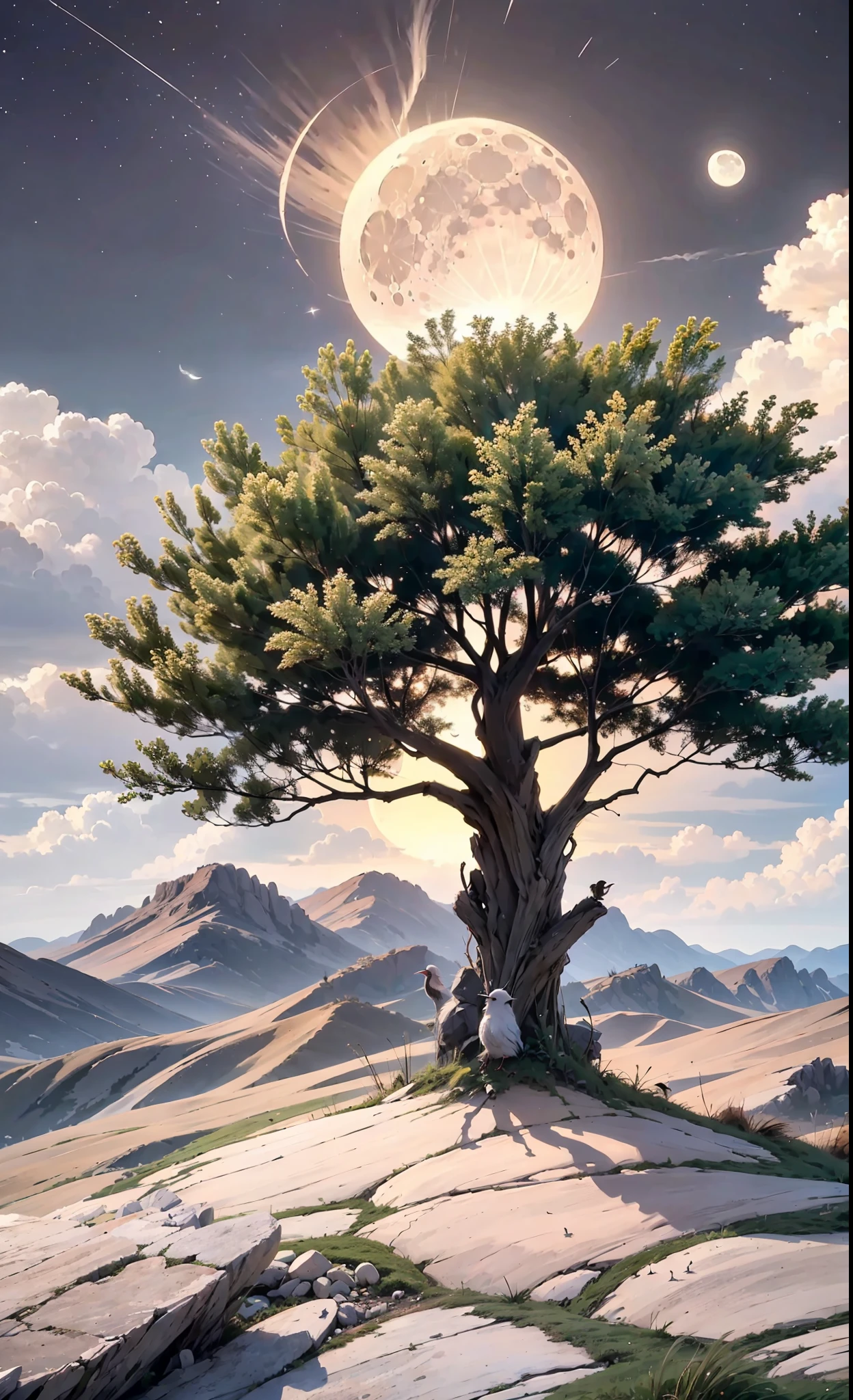 Tree desert stones birds moon