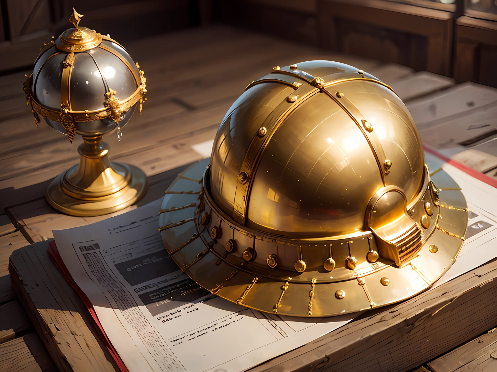 Golden helmet from medieval times, on top of a table --auto --s2