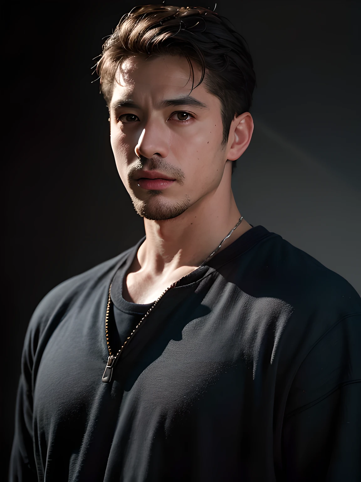 Best quality, masterpiece, ultra high res, (photorealistic:1.4), raw photo, 1man, strong, in the dark, deep shadow, low key, cold light