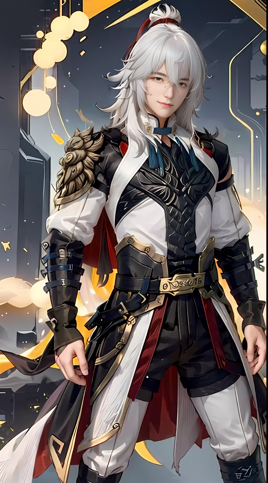 jing yuan(hsr), full body, hair over one eye, 1boy, long hair, white hair, closed mouth, solo, upper body, looking at viewer, smile, male focus,  yellow eyes , muscular male,