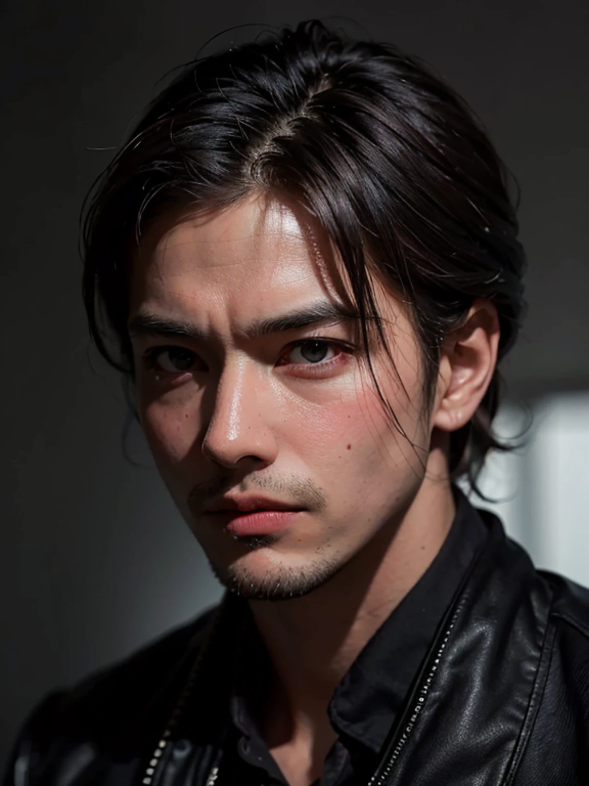 Best quality, masterpiece, ultra high res, (photorealistic:1.4), raw photo, 1man, strong, in the dark, deep shadow, low key, cold light
