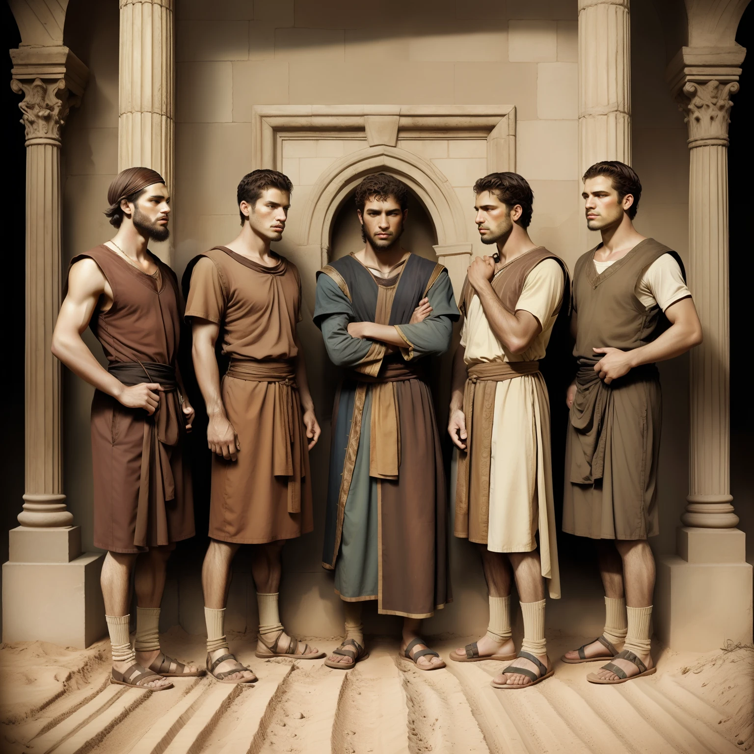 are  young men standing together in the dirt, joseph and joseph, biblical art, biblical photo, epic biblical representation, reassuring, by Richard Avedon, biblical illustration, biblical image, amazing detail, spiritual scene, ancient biblical, realistic representation, biblical art style, by Jason Felix, powerful scene, masterpiece artwork