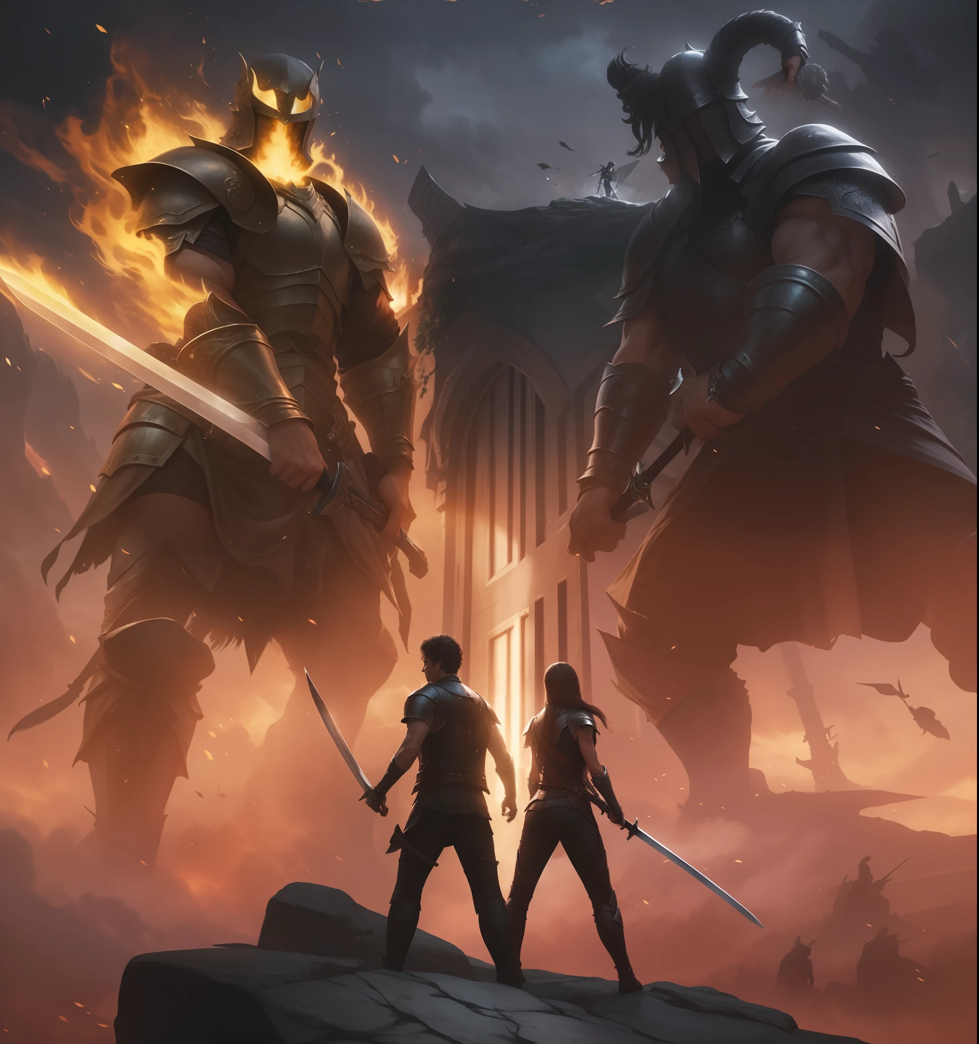 4k, realistic, very detailed, a woman and a man stand on a rock, both holding sword. In the background, there are two giants in black armor and great sword. They protect a large door