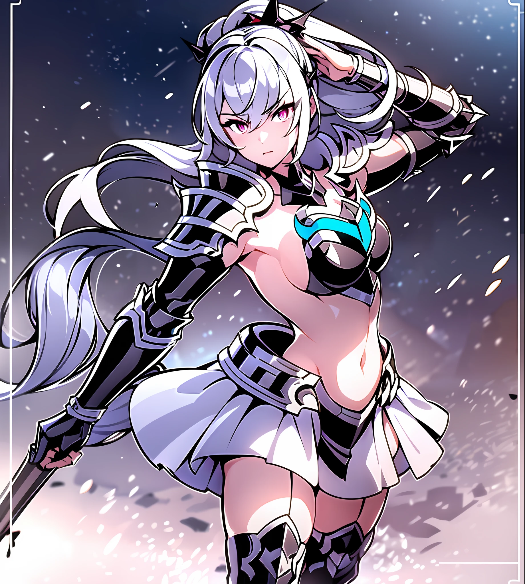 1girl, (solo:1.2), ((masterpiece)), slim, small chest, pale skin, ((detailed eyes)), (bokeh effect), (dynamic angle), dynamic pose, white hair, ponytail, backless plate armour, (skirts), iron boots, (lance), knight, armpits, gauntlets, fierce look, narrowed eyes