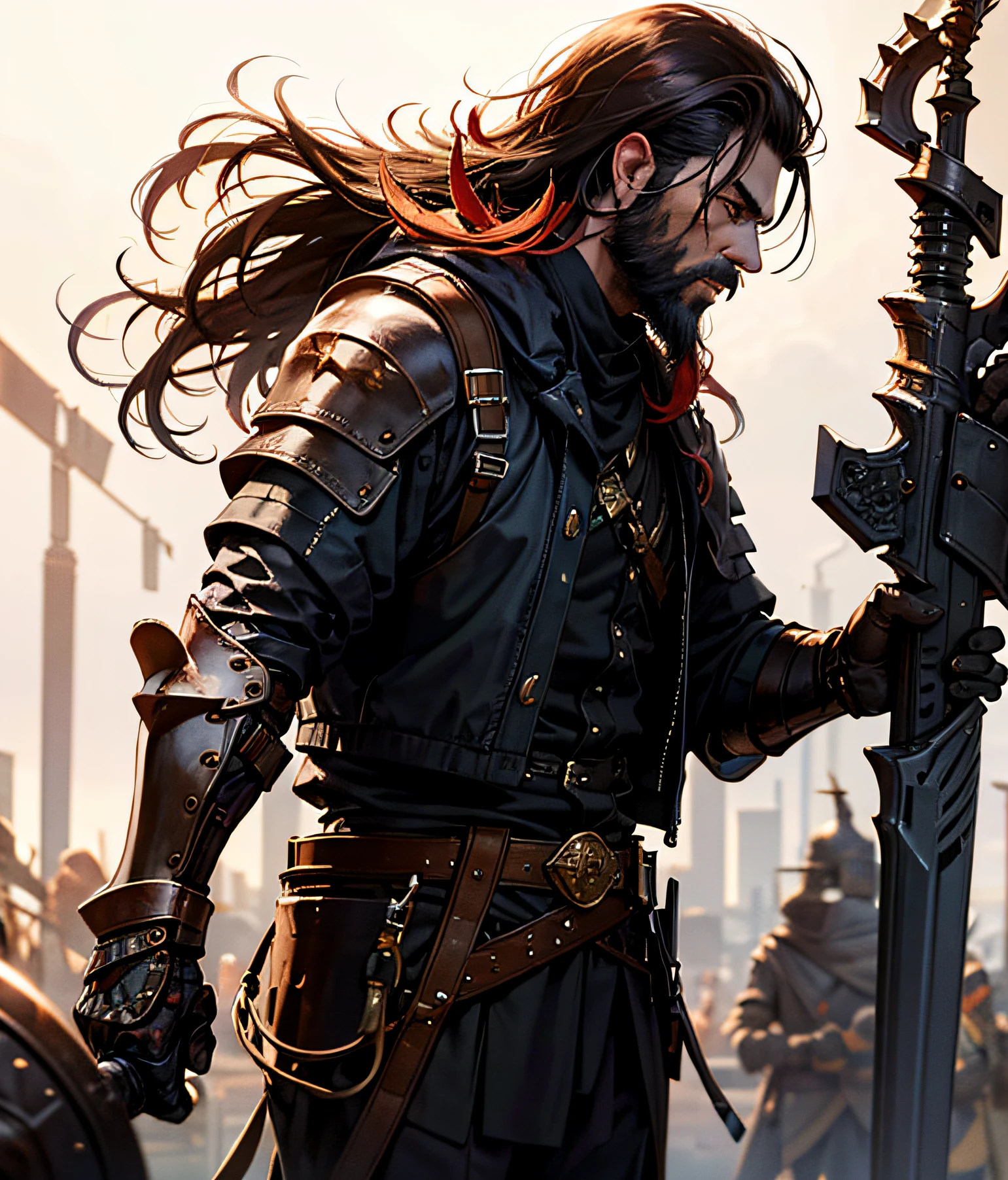 Draw a portrait of a Persian man in his 27s with black hair and a long Viking-style beard. He has an athletic body and is wearing simple metal armor. His eyes are dark brown and express determination and wisdom. He holds a long halberd with confidence, a versatile rod weapon with a sharp blade at one end and a hook at the other. The halberd has ornate details and is an extension of the character's strong and imposing personality. The character's expression is serious, showing his dedication to combat and his leadership ability. Its armor is functional and practical, but it has elegant touches that reflect Persian culture. The character is a skilled and experienced warrior, ready to face any challenge that arises on his journey. Be sure to capture the essence of the character by showing his Persian and Viking style, as well as his strength and determination through his appearance and posture.