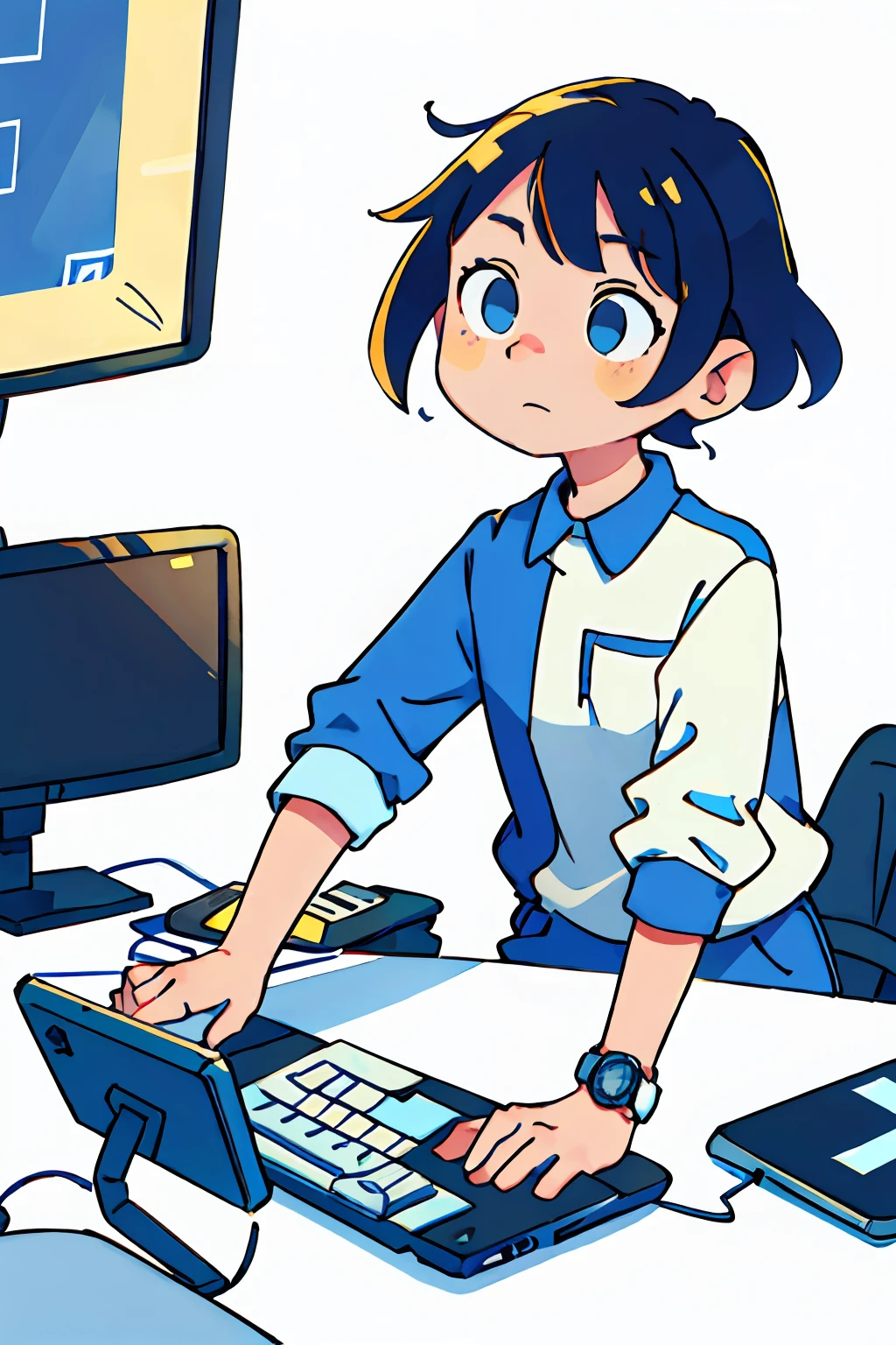 flat style, middle-aged woman, in front of computer, computer, office environment, action, reasonable, computer typing, work uniform, light blue, white stripes, light yellow, yellow skin, ultra-clear details, texture, light, chiaroscuro, sports watch, sports, image, features, details, clear, depicted, pure white background.