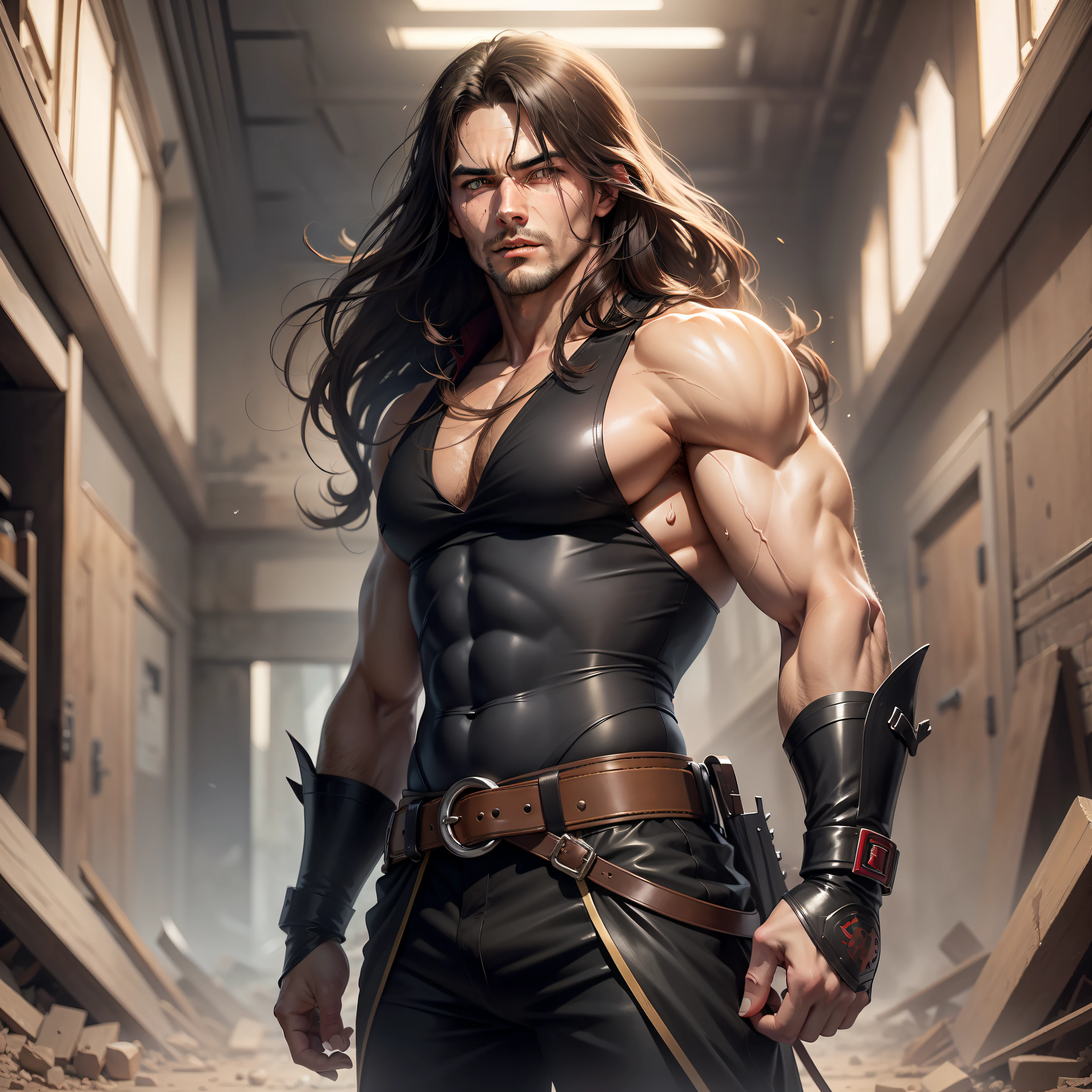 Realistic image of a handsome, strong man, long brown hair, brown eyes, dressed in simple black black costumes, black sleeveless blouse, anime character style art, fighter's posture, panting and with a sweaty face, corridor of a palace with rubble