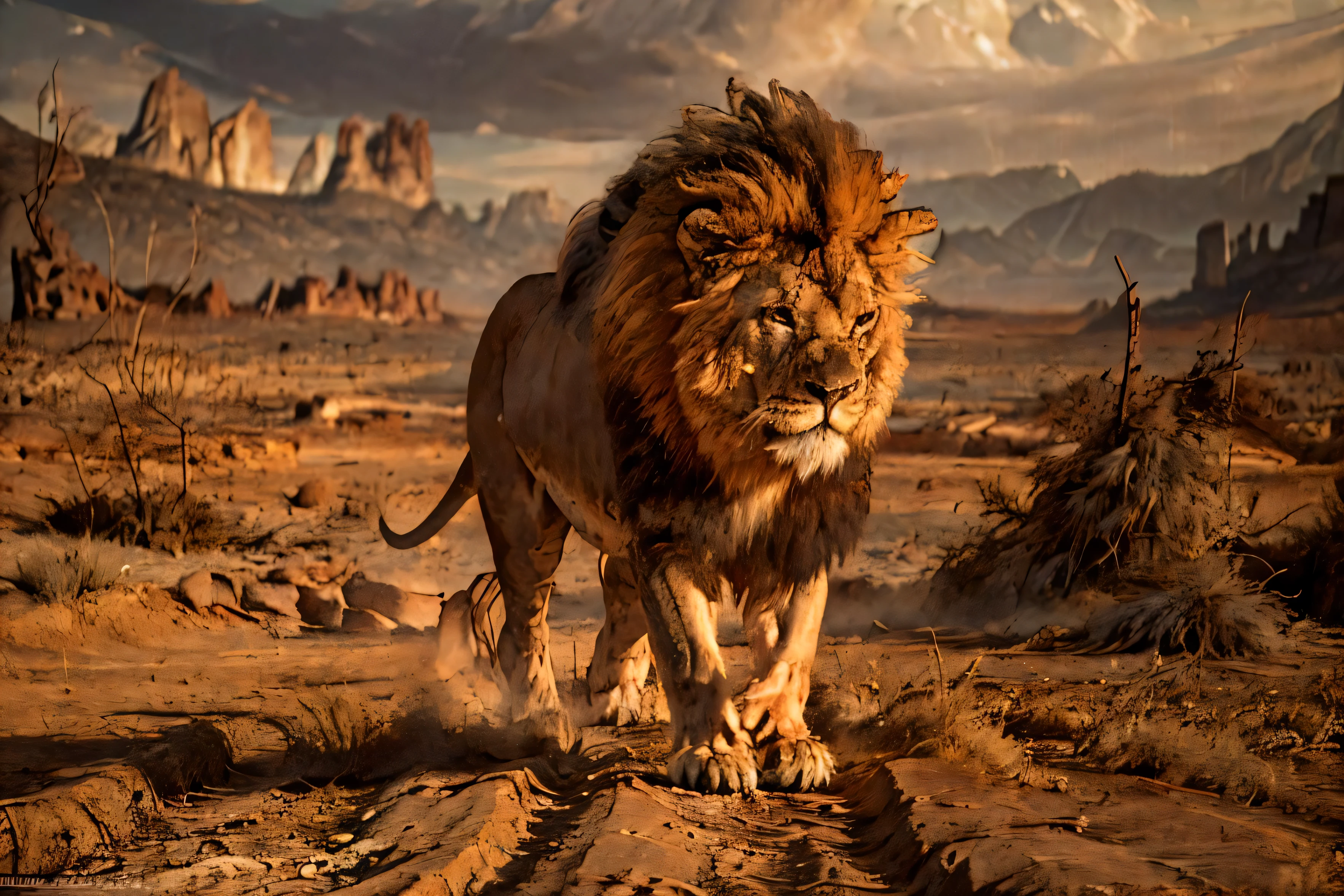 desert landscape (masterpiece, best quality:1.2), ultra-detailed, demon lion walking, (realistic:1.5),