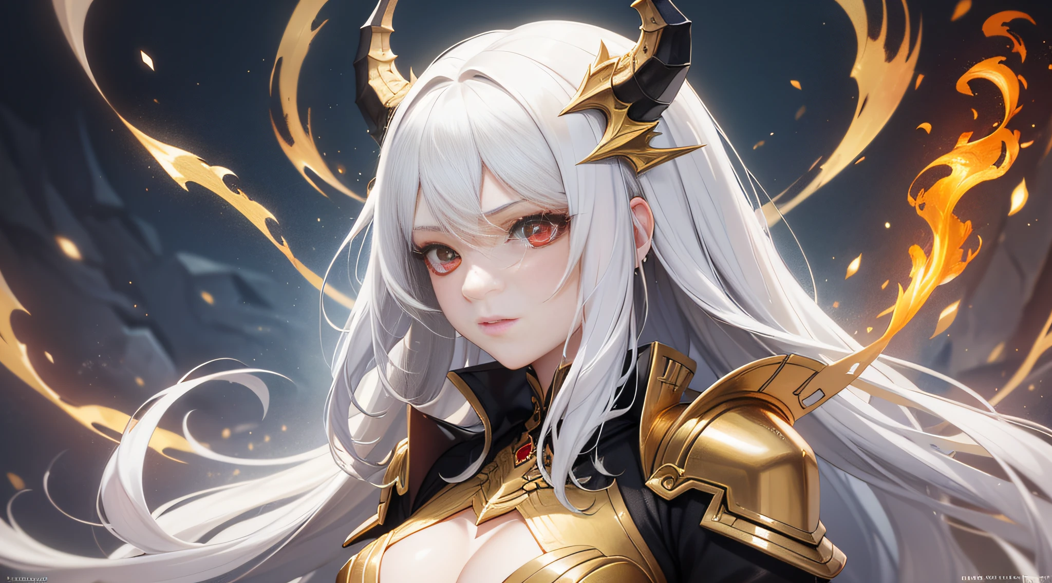 Masterpiece, Best Quality, High Resolution, White Hair, Delicate Detailing, Dark Gold Armor, Female, Red Eye, Dark Red Dragon Horn, Distant Five-Clawed Golden Dragon, Fire Special Effect, Ray Special Effect, Quadratic, 1girl, Shiny Skin