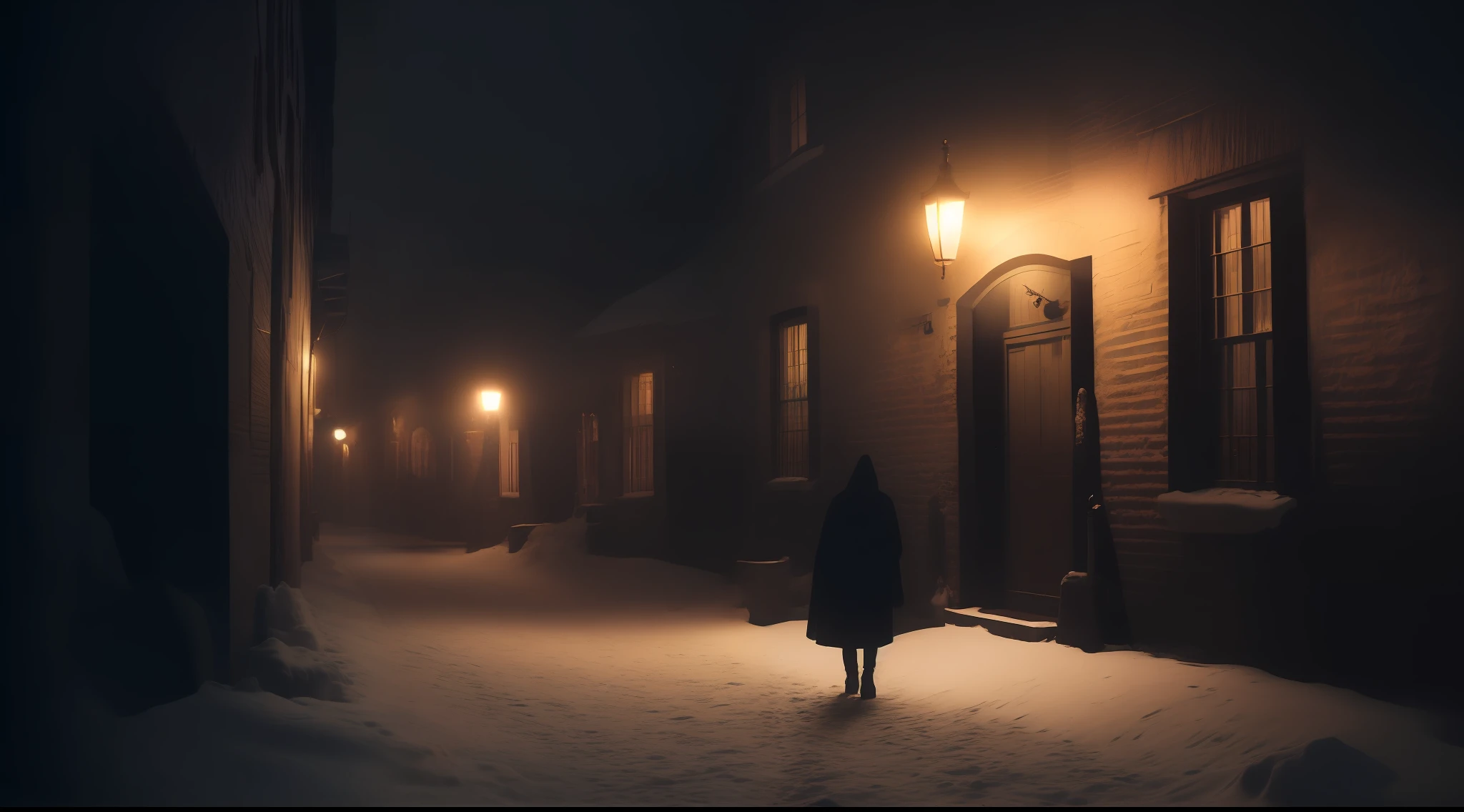 18th century, an alley, warm glow, snow blowing, night, dark moody atmosphere, with horrible monsters, realistic, creepypasta, 8k uhd, dslr, soft lighting, high quality, volumetric lighting