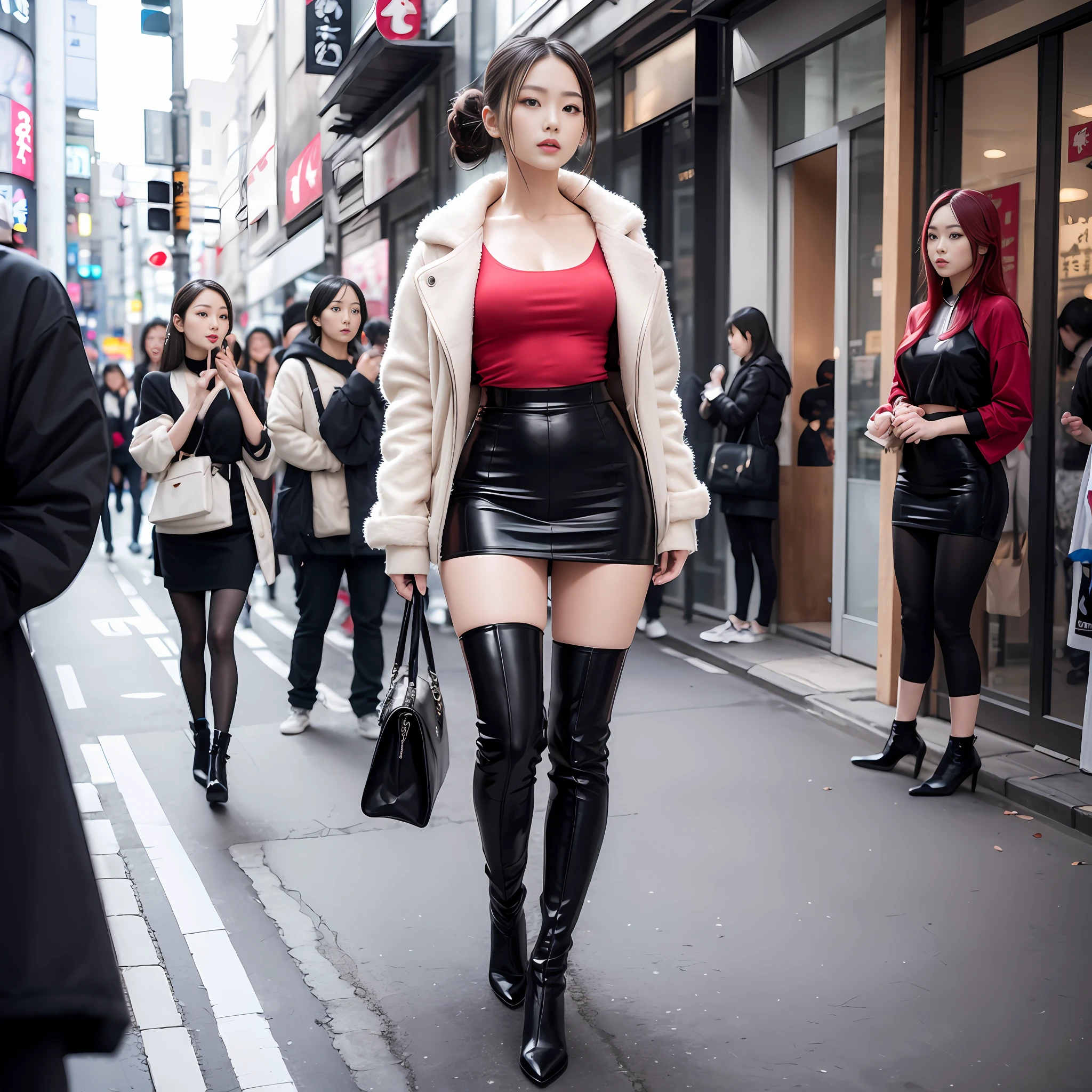 A woman in a white top and black boots standing on the street, Chinese female fashion model, white fluffy clothes, short skirt and long jacket, Japanese city street fashion, black pink Rosan Park, she wears streetwear, Japanese street fashion, Tokyo fashion, street dress woman in jacket and skirt, street fashion, Harajuku street fashion, beautiful woman walking in the wind, black gloves, over-the-knee red boots, tall, long legs, perfect body proportions, thin waist, black suspender stockings, tall, Slender body, nine-headed body, big eyes, beautiful and exquisite face, perfect body details, perfect body proportions, perfect visual proportions, fashion shooting, glamorous, feminine, delicate, highlighting female curves, subtext: sexy, confident. Chinese woman --auto --s2