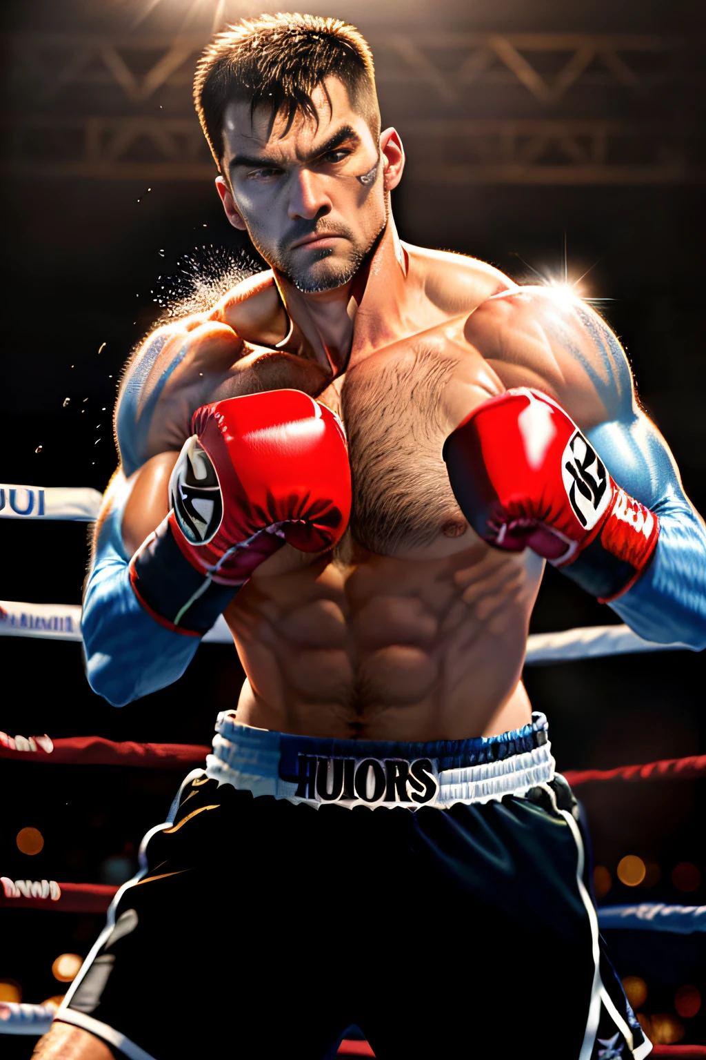 "Ultra high definition, 4K photography, better realistic quality, with backlighting that highlights the elegant 40y.o. Boxer man, punching, brave face.