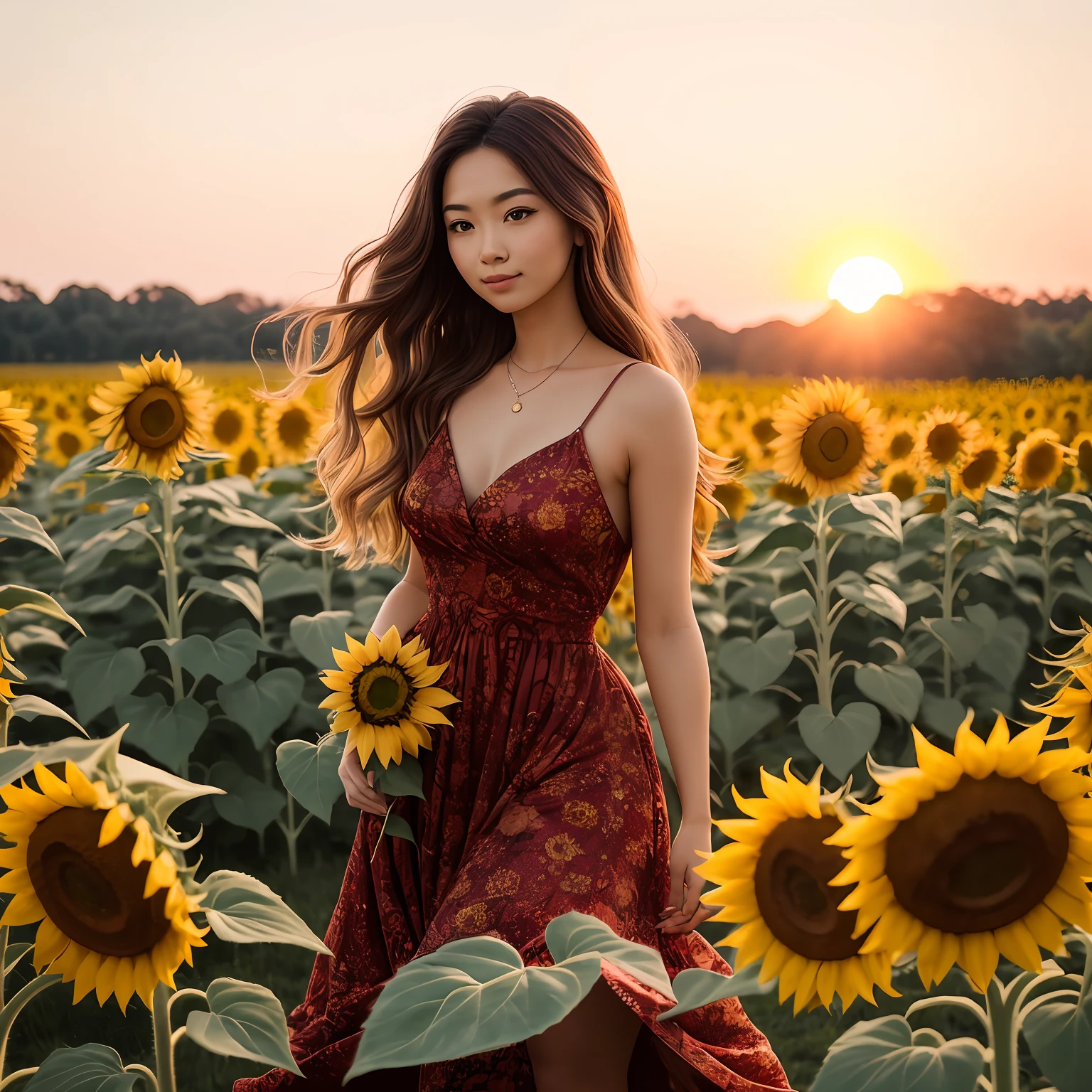 ma beautiful girl with long, wavy hair, wearing a flowing red dress, standing in a field of tall sunflowers, with the sun setting in the background, creating a golden glow on her face and the petals of the sunflowers, Photography, 50mm lens, --air 16:9 --v 5 --auto