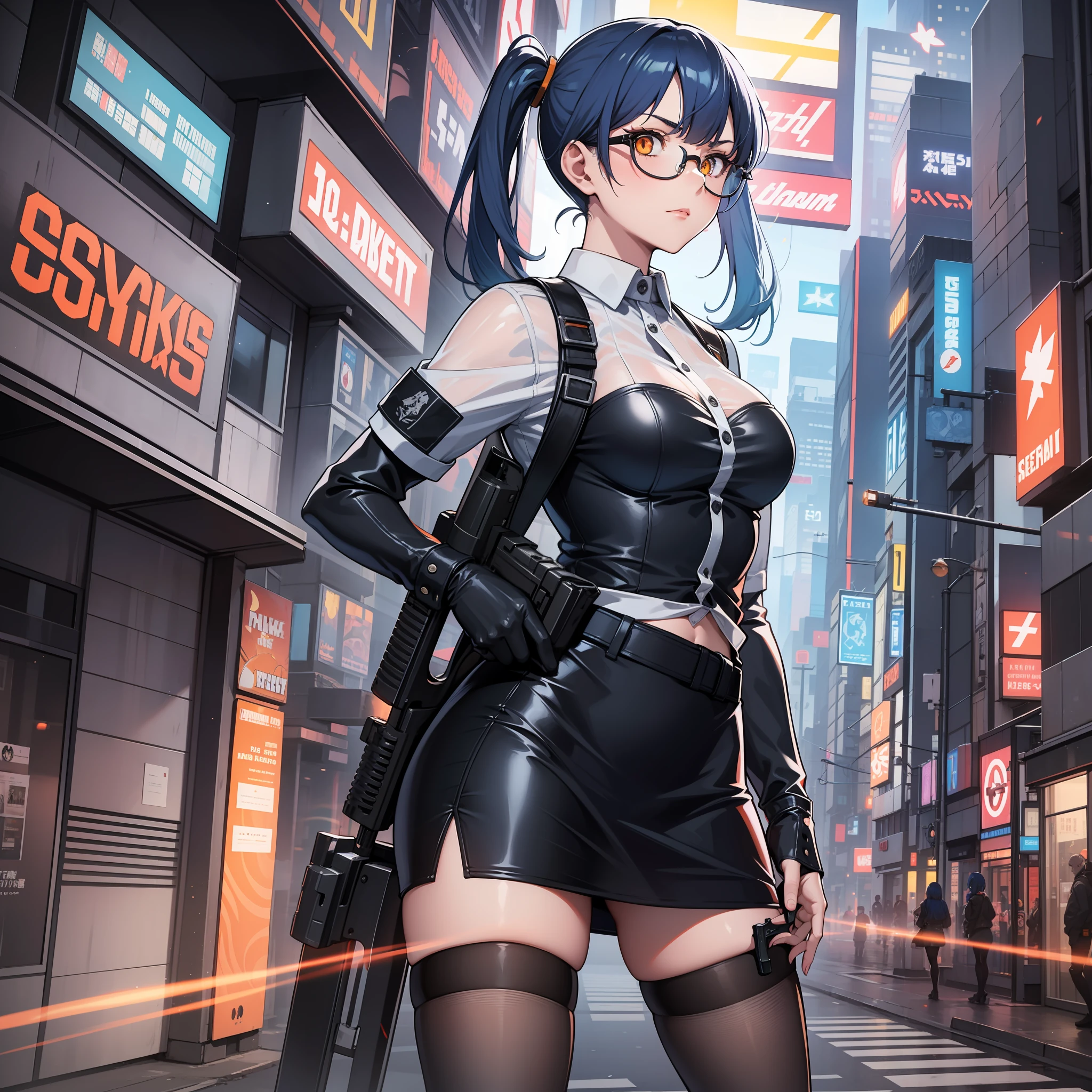 Thirty year old woman, Serious Expression, short blue hair With white lines In the middle, in two pigtails, orange eyes, wearing transparent glasses, Tight shirt,Black miniskirt, stocking, Carry a long firearm, night sky in cyberpunk city, full body