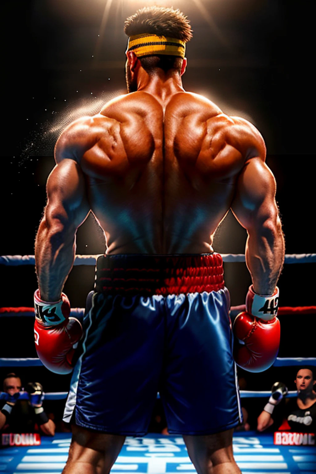 "Ultra high definition, 4K photography, better realistic quality, with backlighting that highlights the elegant 40y.o. Boxer man, which highlights his high size and prominence, boxing clothes, punching, brave face