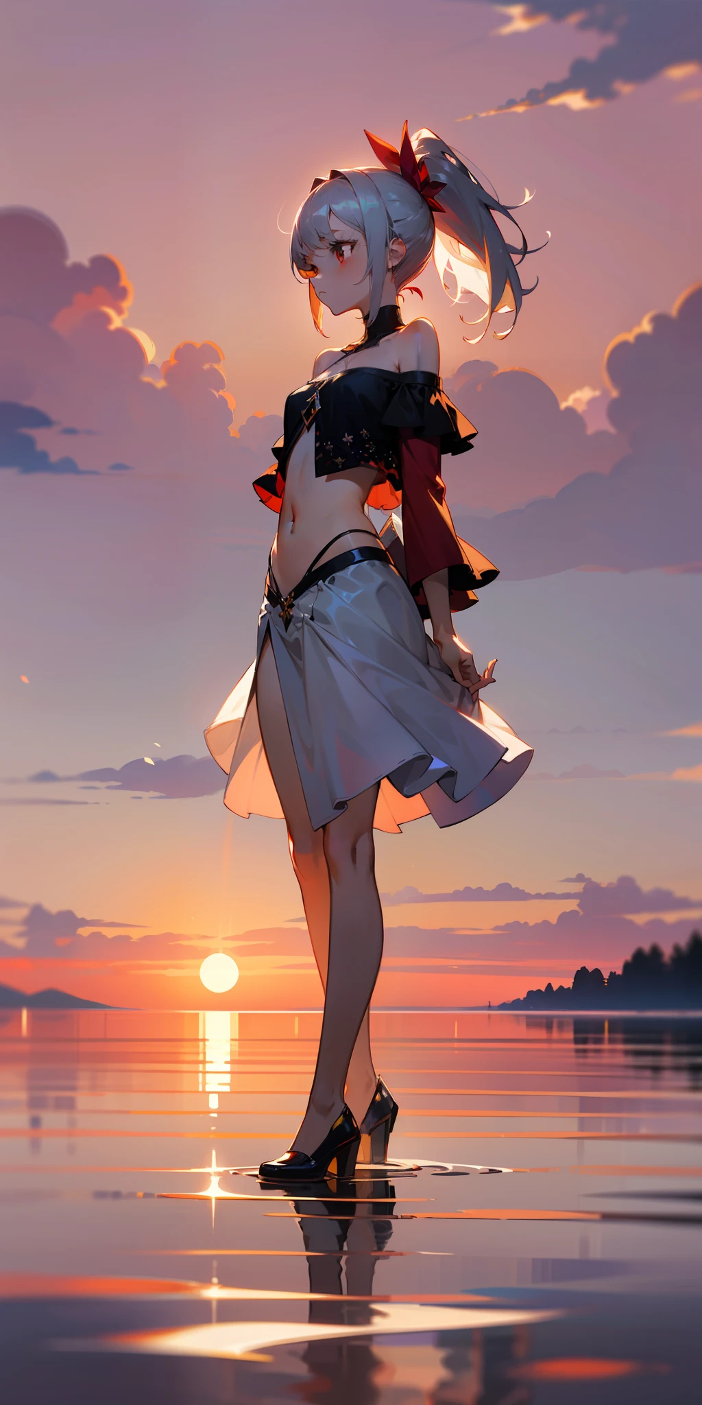 projected inset, (highest quality), (depth of field), (full body), glamorous, rich detail, 1girl, girly, cute, ((silver hair)), quadratic, long ponytail, light red eyes, red hair accessories, sleeveless, off-the-shoulder, (navel), hands behind back, sideways, evening, sunset, beautiful sky, lakeside, reflection on the water