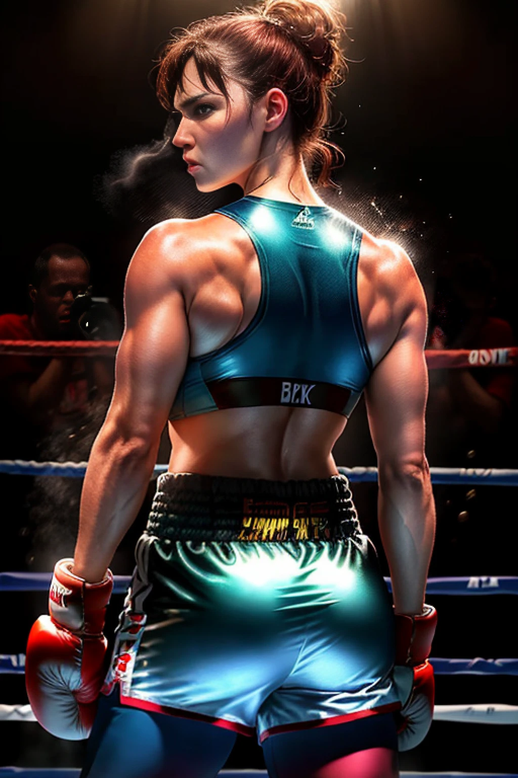 "Ultra high definition, 4K photography, better realistic quality, with backlighting that highlights the elegant 40y.o. Boxer, which highlights her high size and prominence, boxing clothes, punching, brave face
