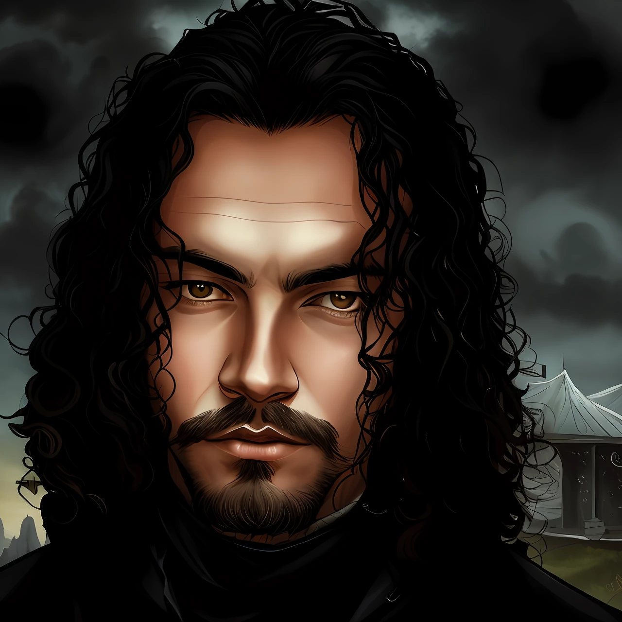 a closeup of a man with long curly hair and beard, a black man with long curly hair, inspired by Jorge Jacinto, with long curly hair, long curly black hair, long curly black hair, long black curly hair, with haunted eyes and curly hair, with his long black hair, inspired by Gerald Kelly, in the background a mysterious landscape is revealed. A combination of deep shadows and subtle lights creates an intriguing atmosphere. Towering mountains rise on the horizon, their peaks plunged into the darkness of the night. The moon, only partially visible among the black clouds, casts a faint, pale light over the digital art-style landscape --auto