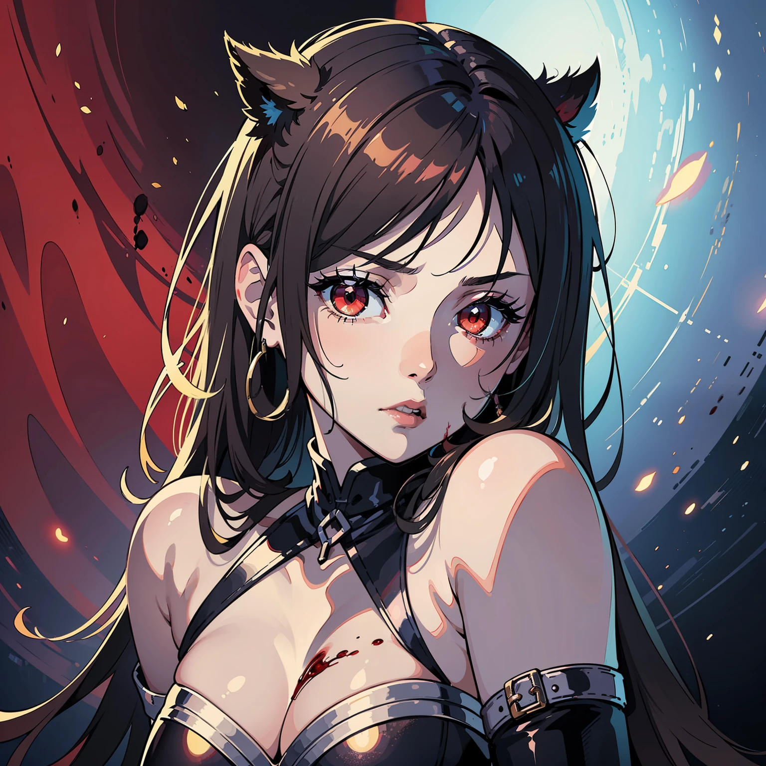 ((Masterpiece, best illustration, best performance, best illustrator, best mangaka, best performance:1.4)), 1girl, solo, gothic, lips with black lipstick, extremely shimmering red eyes, (bright eyes, featured eyes:1.2), white skin, wearing a blood dress, dramatic background of hostile place, artistic cinematic dramatic lighting of studio Paramount and Wit, blood on the floor, on her face, lips, (eyes with blood:1.1), dramatic lighting--Niji:5--dramatic lighting--Red eyes--dramatic background --s2
